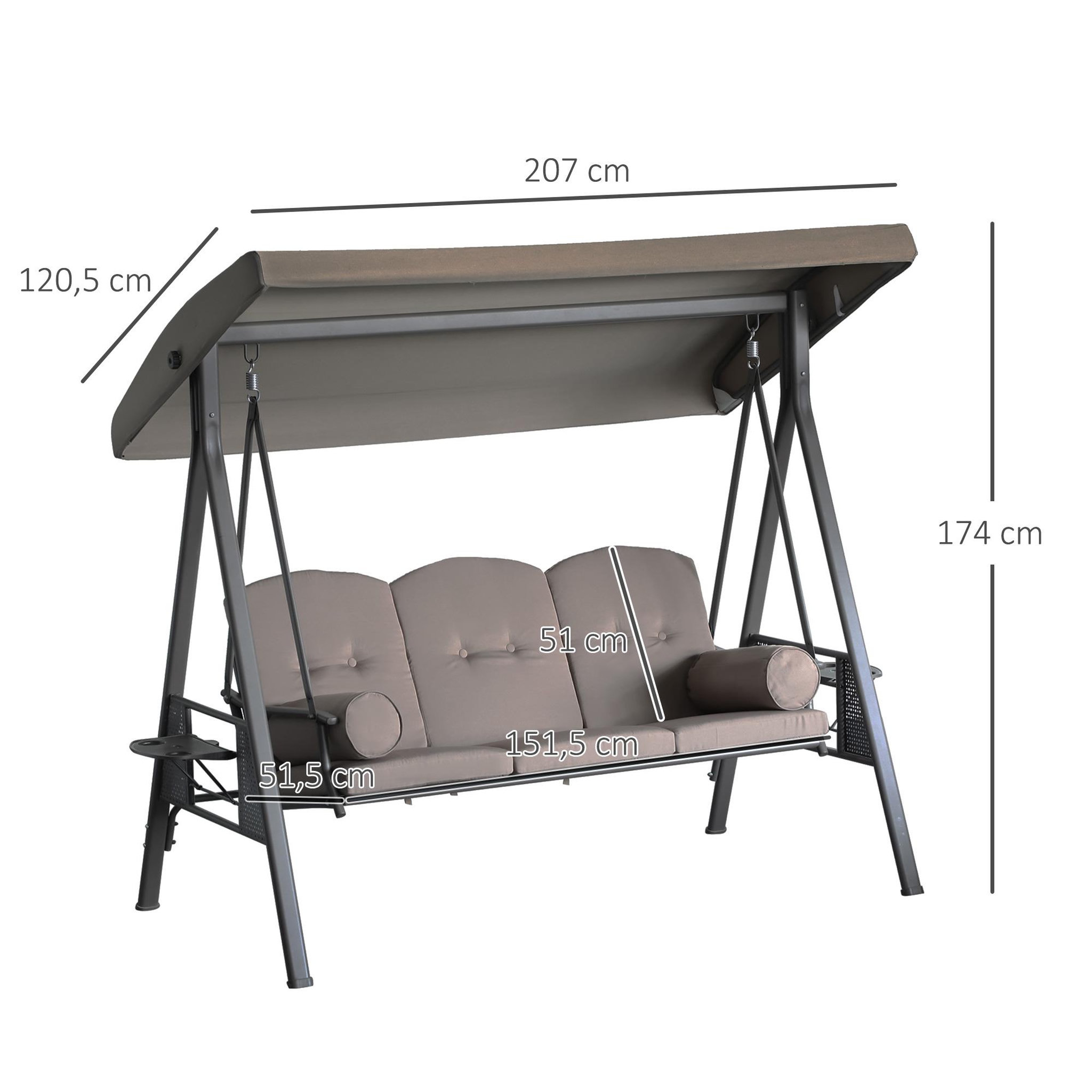 Voir la diapositive 3 : OUTSUNNY Balancelle de jardin 3 places grand confort toit inclinaison réglable coussins plateaux rétractables polyester filé marron