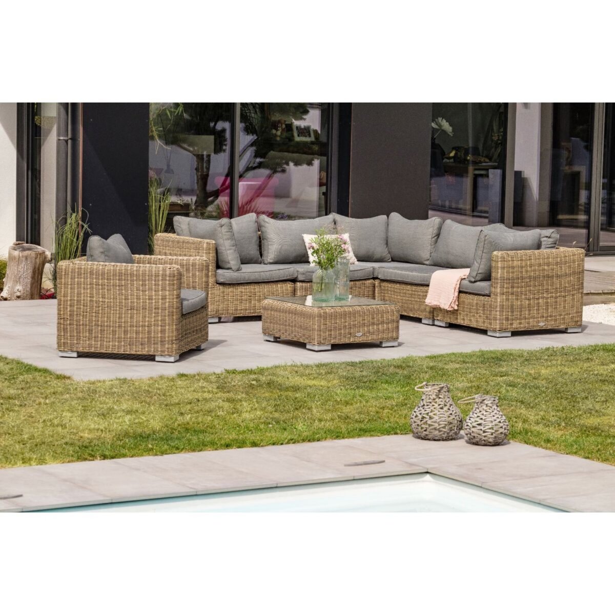 PARIS GARDEN Salon bas de jardin modulable - 6 places - Résine tressée - miel - MONTMARTRE