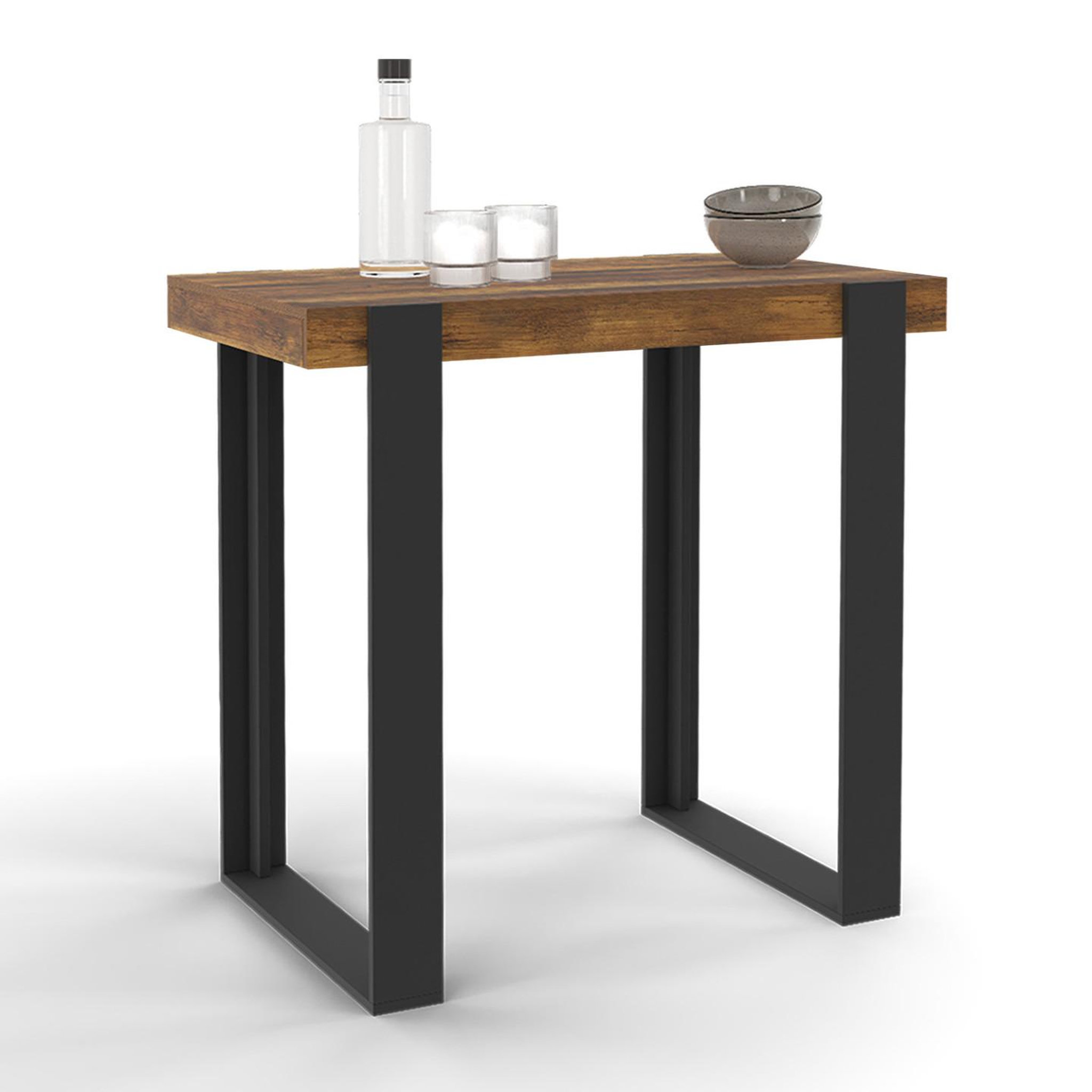 ID MARKET Table haute de bar phoenix bois foncé effet vieilli et noir 90 cm