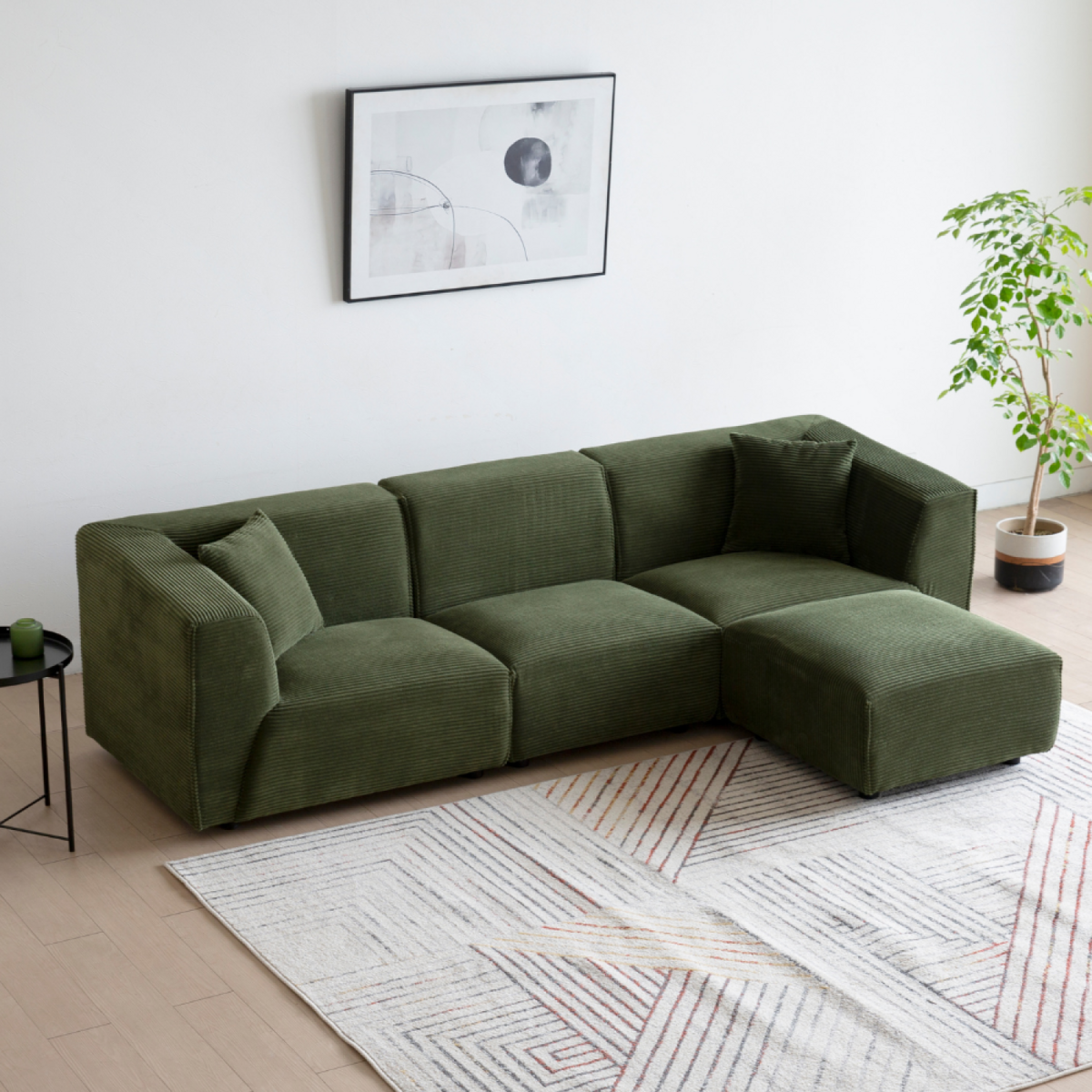 CONCEPT USINE Canapé droit 3 places + 1 pouf en velours côtelé vert MONROE