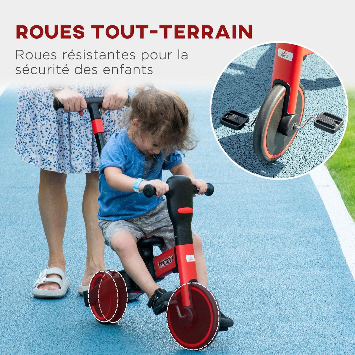 HOMCOM Tricycle enfant évolutif 4 en 1 - tricycle à pousser, tricycle simple, draisienne, vélo - canne  télescopique - guidon pliable - alu. rouge PP noir
