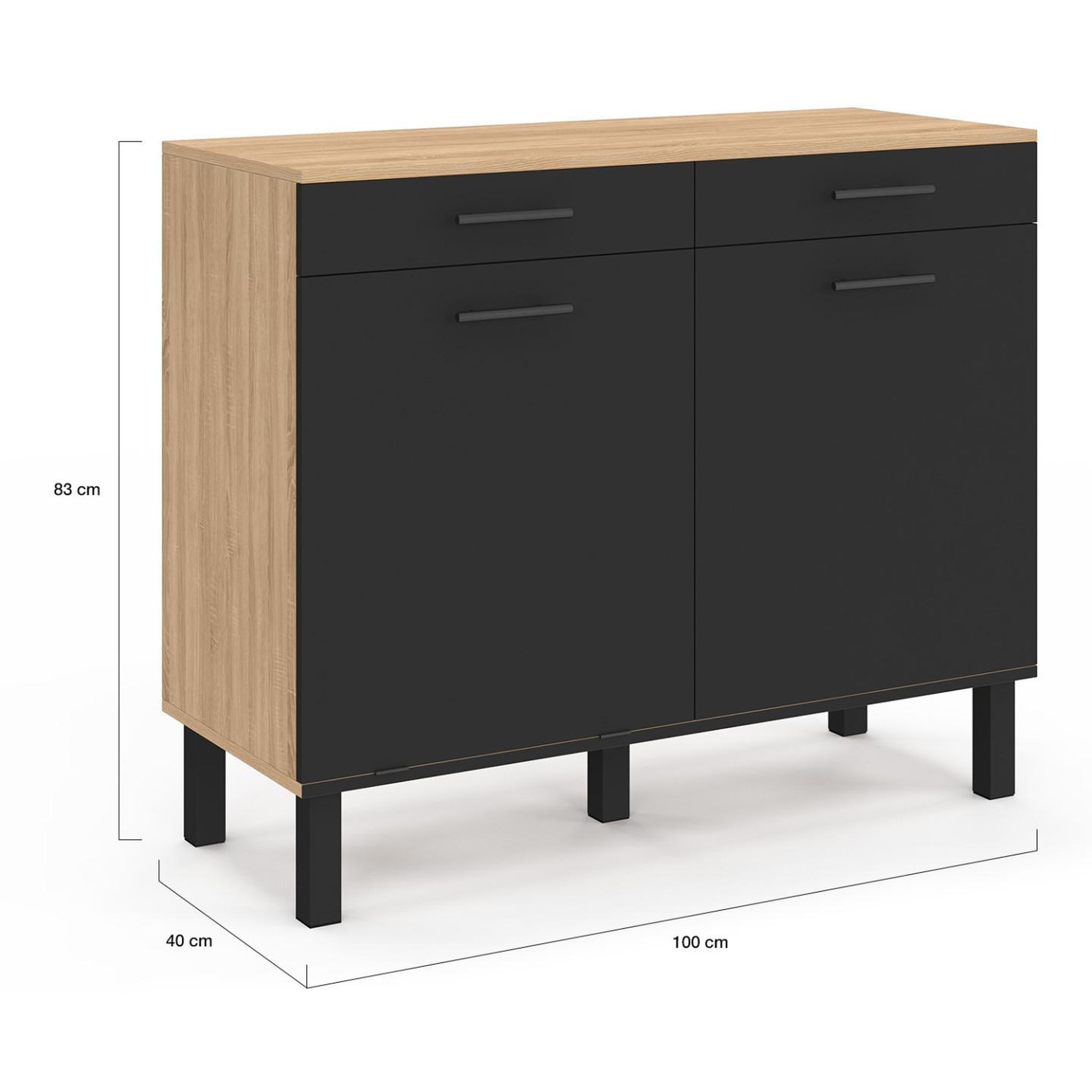 Voir la diapositive 6 : ID MARKET Buffet bas de cuisine avec espace poubelle 100 cm cina plan de travail h.83 cm 2 portes + tiroirs façon hêtre et noir