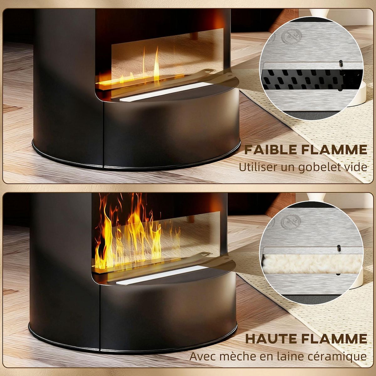 HOMCOM Cheminée éthanol - cheminée bioéthanol design cylindrique - réservoir 0,9L dia. 32 x H.55 cm acier noir