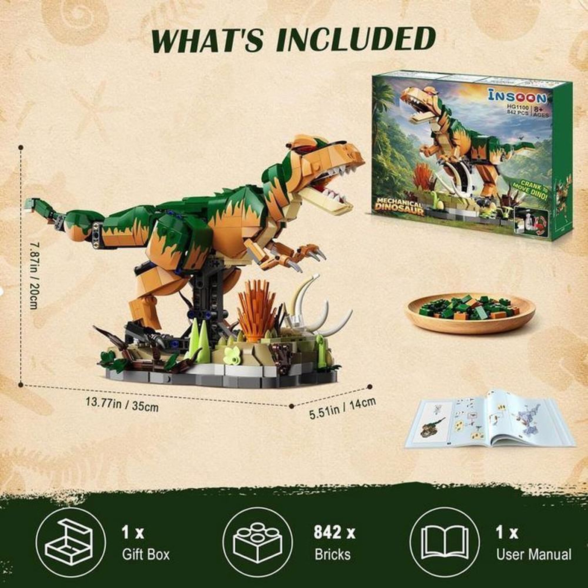Voir la diapositive 2 : Coffret de construction mécanique dinosaure préhistorique 842 pièces à engrenages animés, système d'action par manivelle