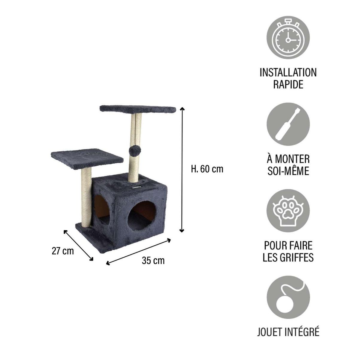 LOVE STORY Arbre à chat Tom avec niche et jouet - Gris anthracite