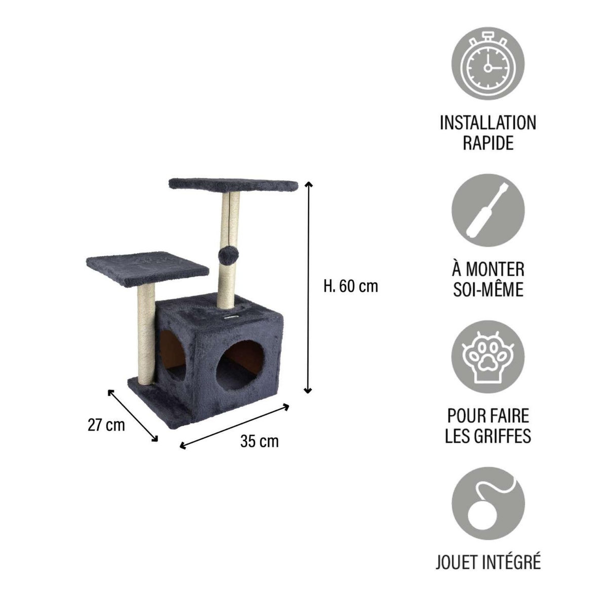 LOVE STORY Arbre à chat Tom avec niche et jouet - Gris anthracite