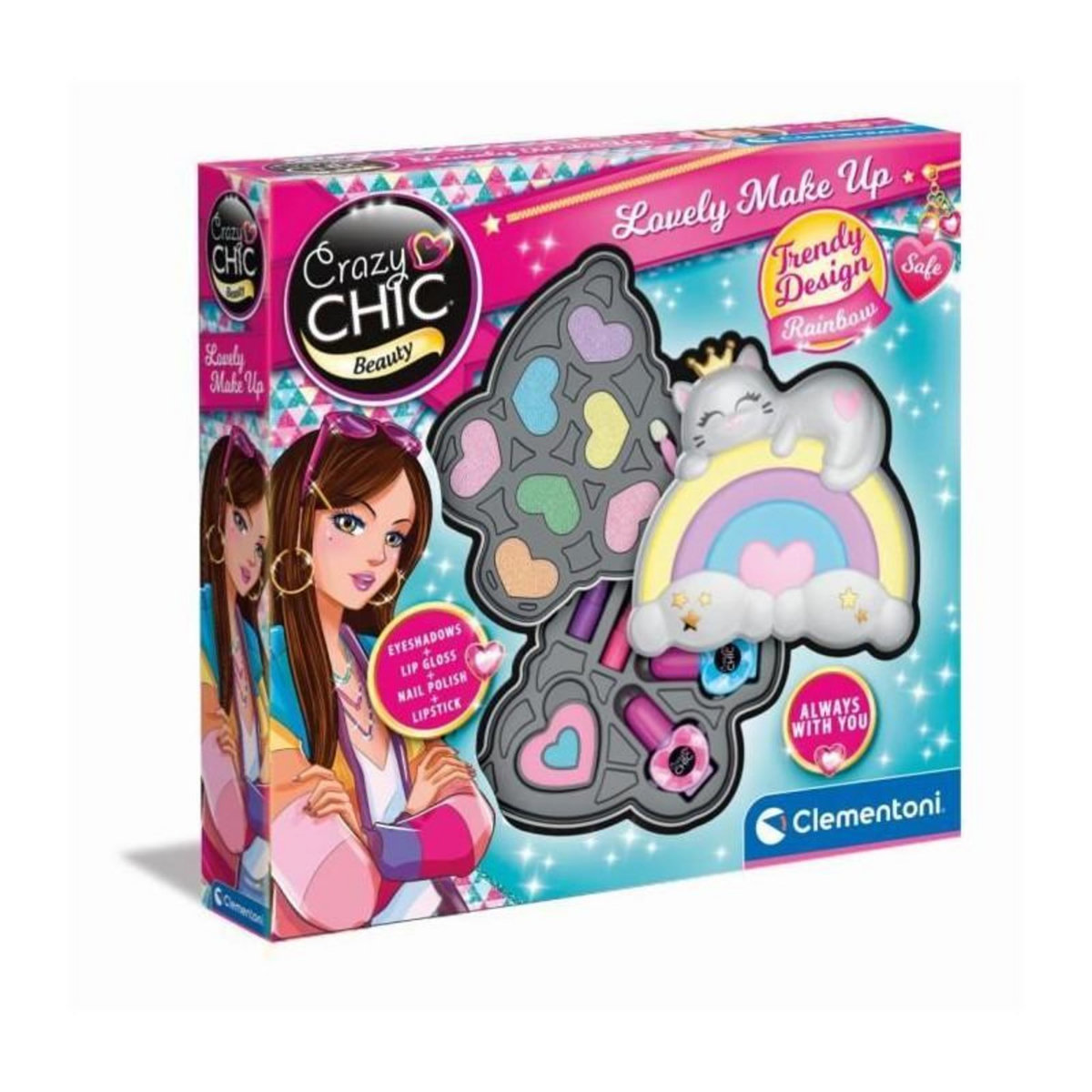 CLEMENTONI Clementoni - Coffret Maquillage Arc-en-ciel - 2 palettes fards a paupieres, rouge a levres et vernis a ongles - Dés 6 ans