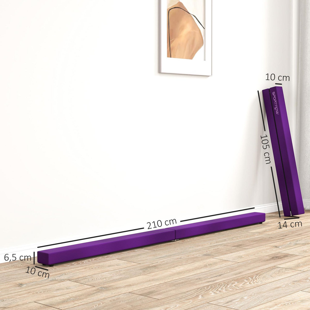 HOMCOM Poutre gymnastique pliable 210 cm - poutre d'équilibre antidérapante - bois de pin revêtement flanelle violet