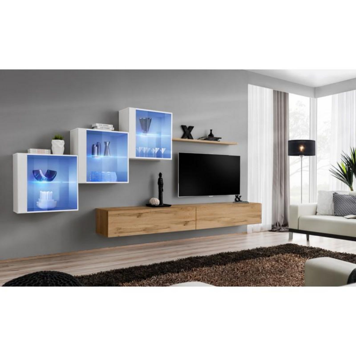 Paris Prix Meuble TV Mural Design  Switch XX  330cm Naturel & Blanc