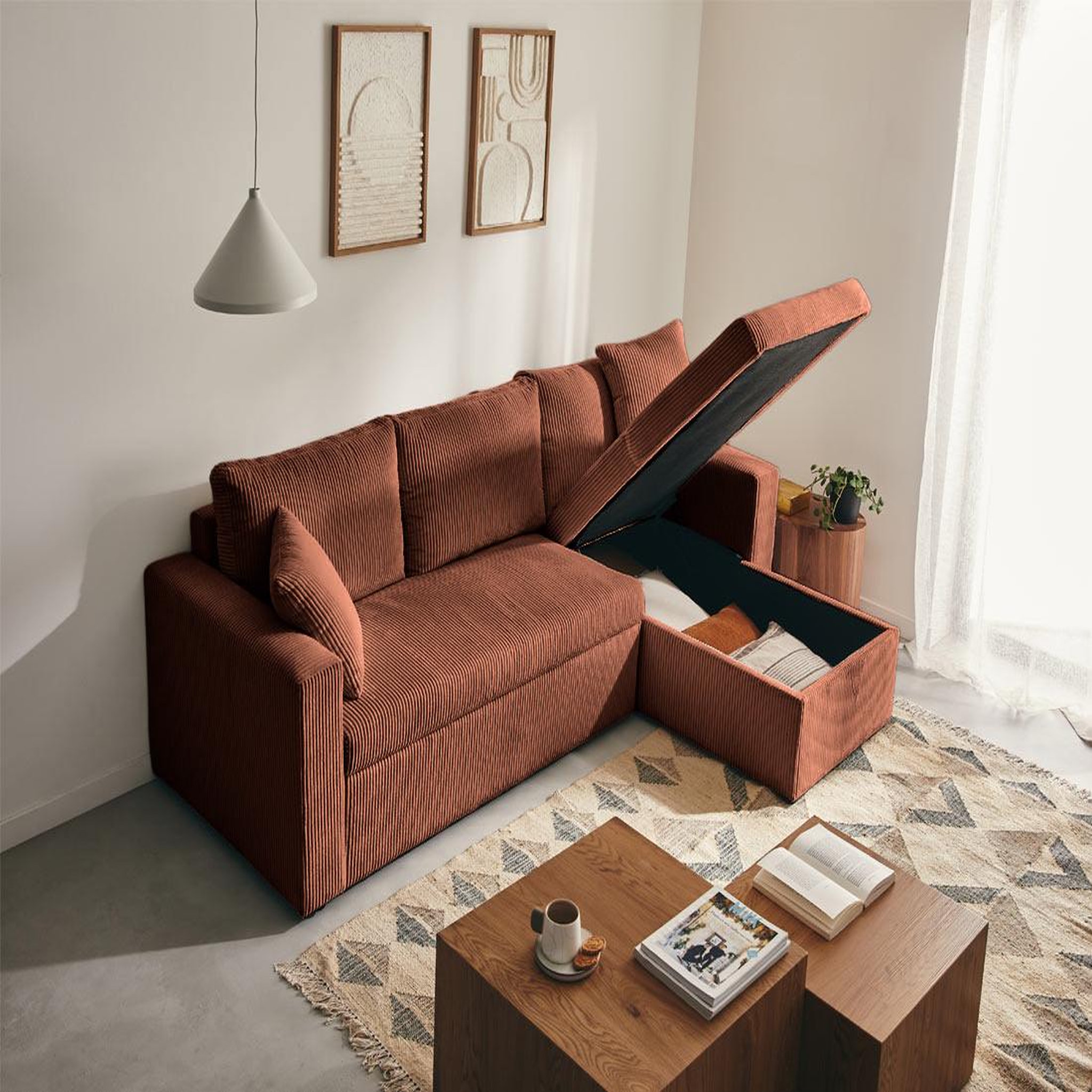 Voir la diapositive 2 : BEST MOBILIER Cyrus - canapé d'angle réversible 4 places - convertible avec coffre - en velours côtelé