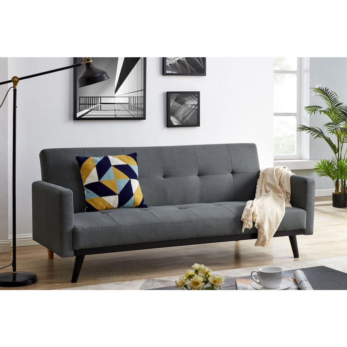 CONCEPT USINE Canapé convertible 3 places en tissu gris foncé pieds noirs LEON