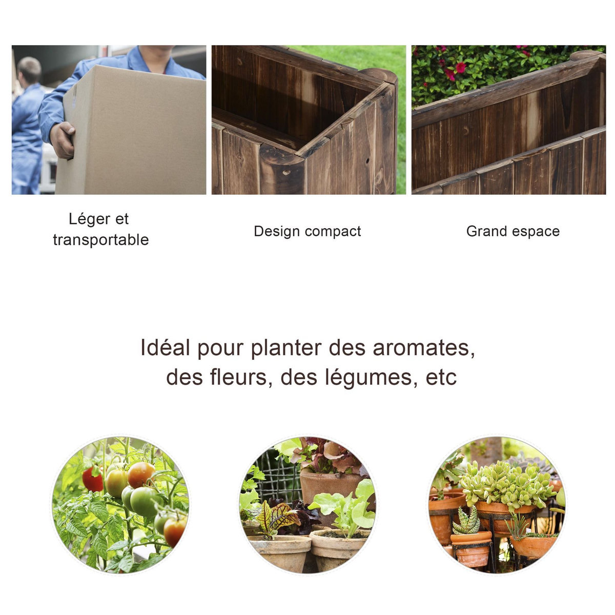OUTSUNNY Jardinière sur pied bac à fleurs dim. 70L x 35l x 30H cm piètement demi rondin corps aspect lattes bois sapin traité carbonisation