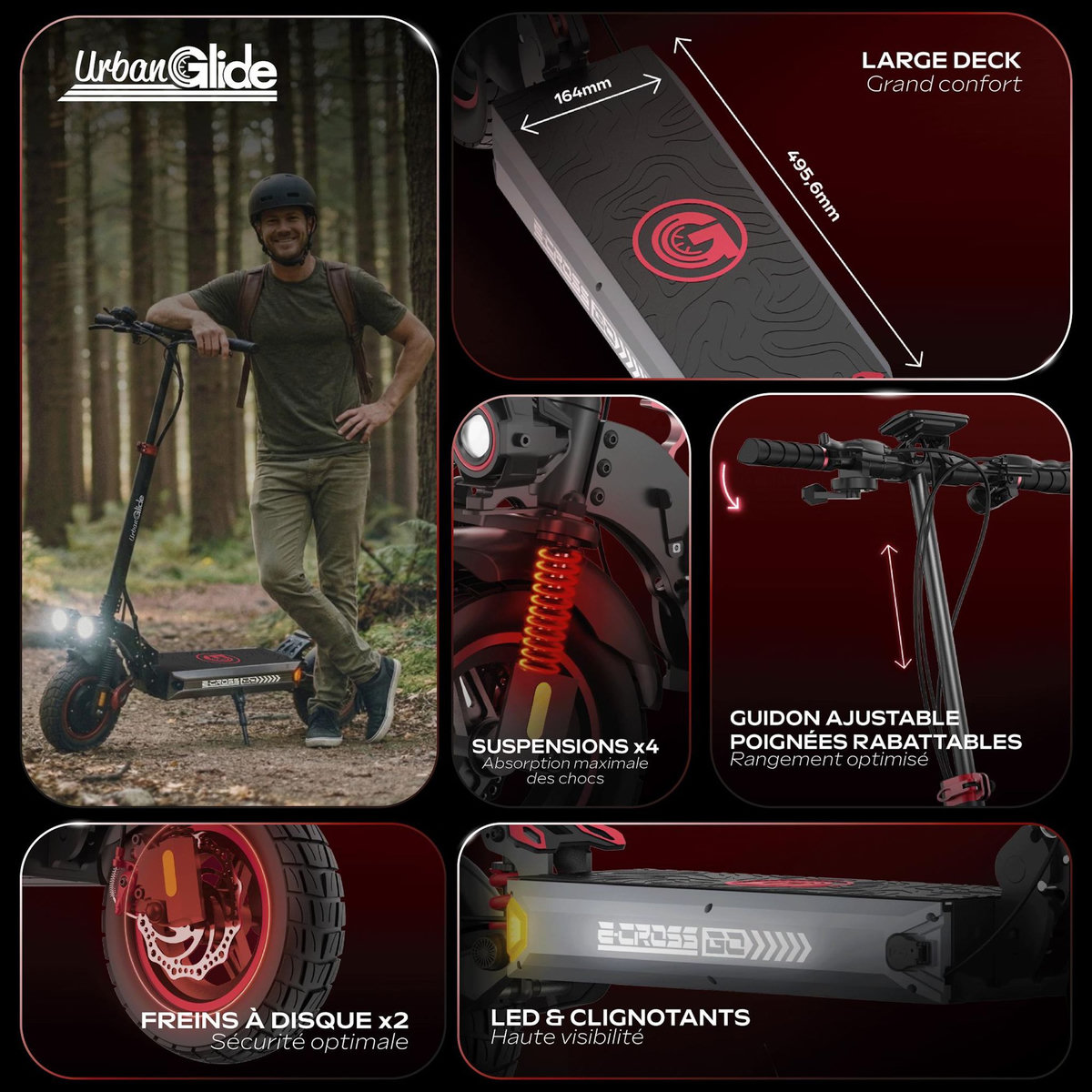 URBANGLIDE Trottinette Électrique Adulte UrbanGlide  ECROSS GO –  Moteur 1200W -  Autonomie Jusqu'a 50 km - Pneu Tubeless 10  - Batterie 54V/10Ah - Poids 22Kg