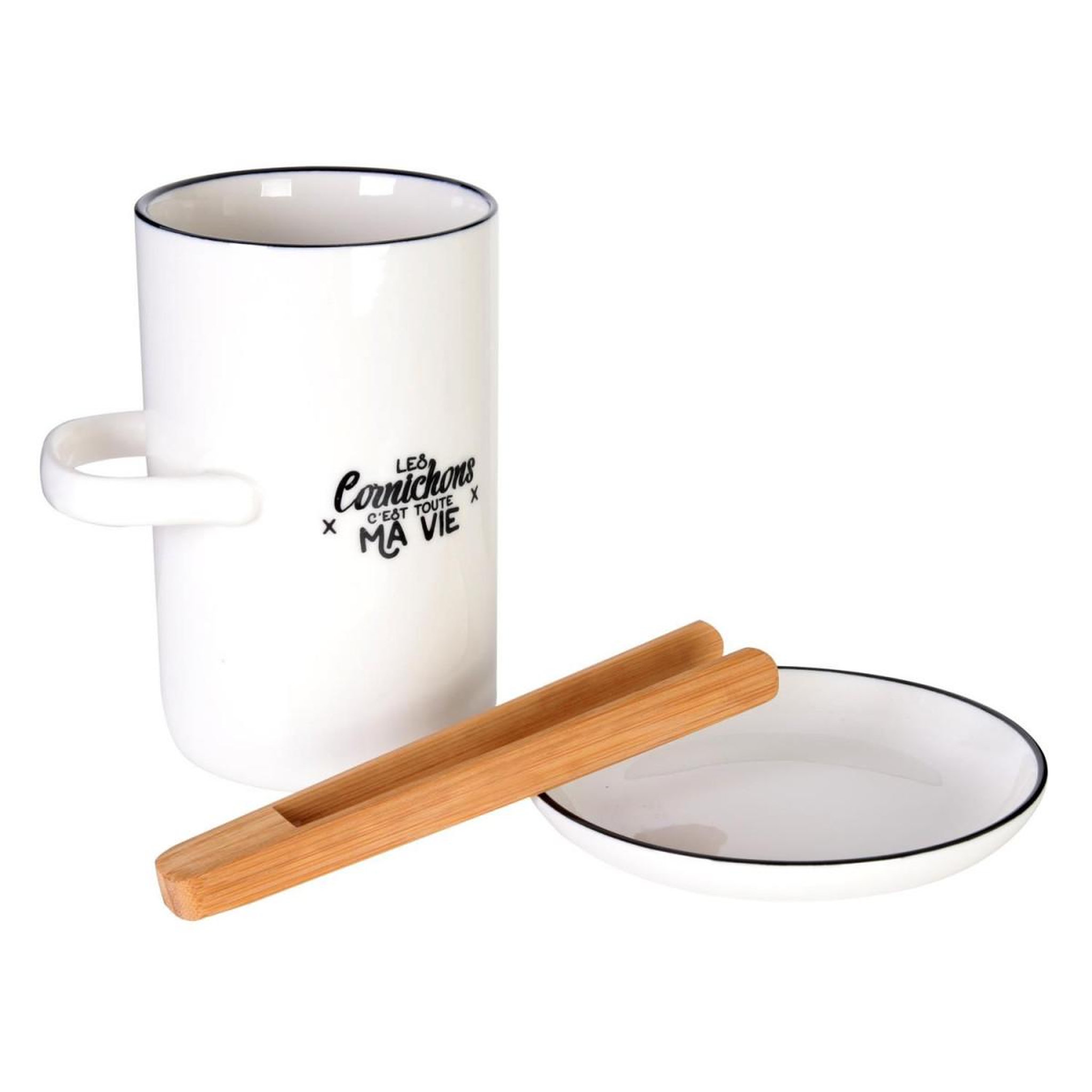 Voir la diapositive 2 : COOK CONCEPT Pot à Cornichon  Soucoupe & Pince  16cm Blanc