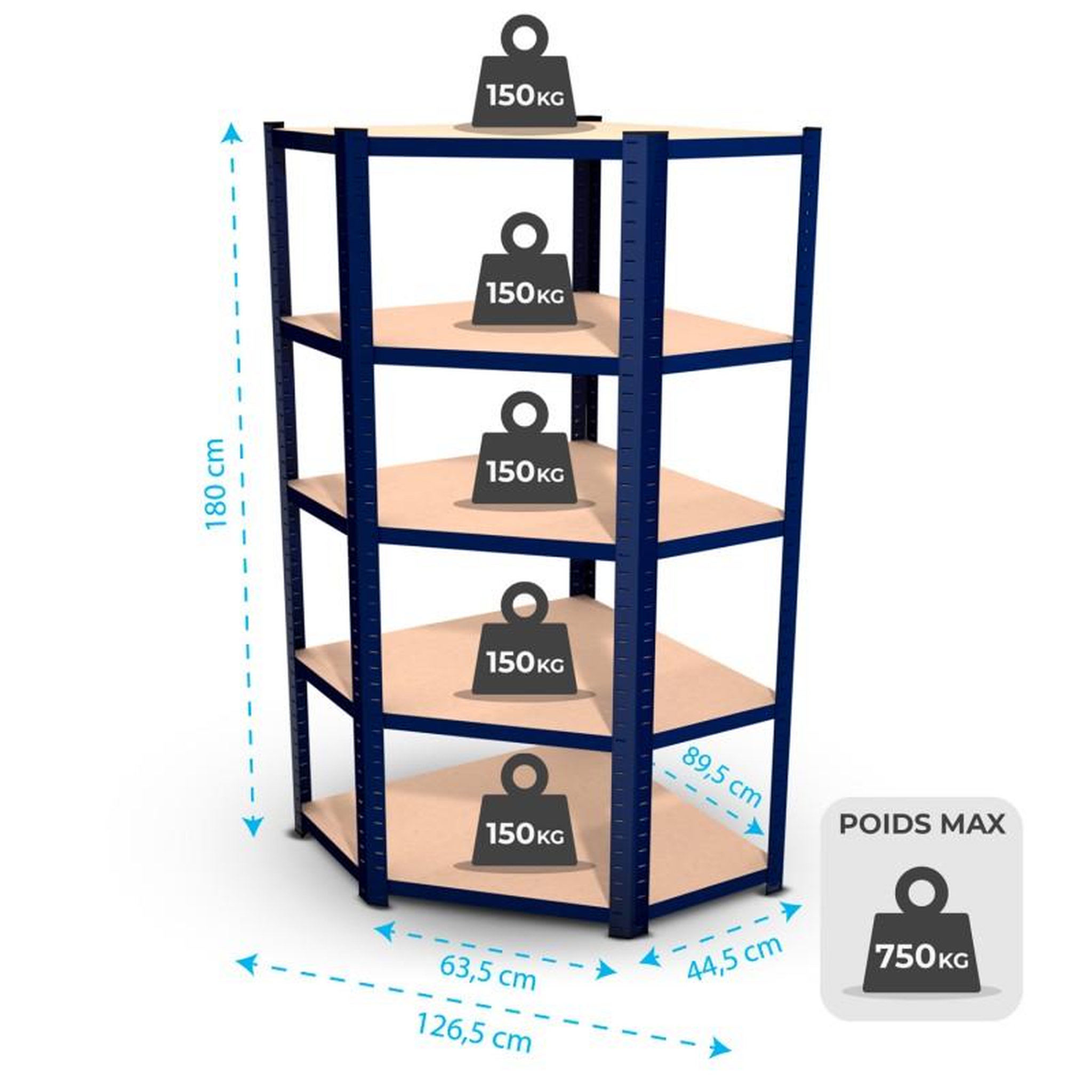 Voir la diapositive 2 : EUROSPEN Étagère d'angle polyvalente en métal - Charge lourde Max 750kg - 180 x 90 x 45 cm - Bleu