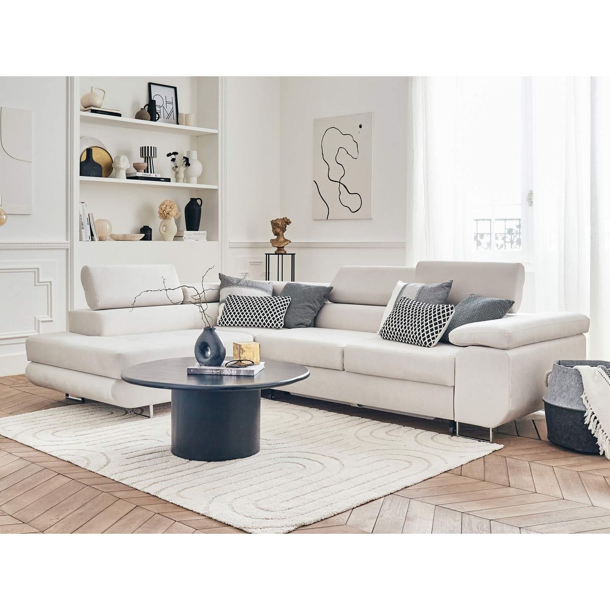 BEST MOBILIER Pablo - canapé d'angle gauche - 5 places - convertible avec coffre et têtières réglables - en velours