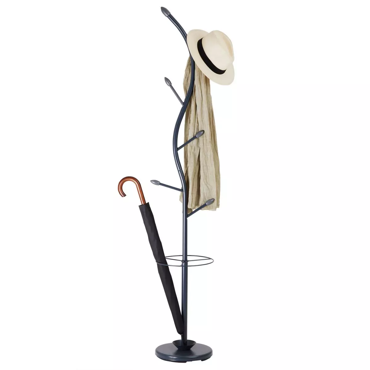 IDIMEX Porte-manteaux TRIANA portant à vêtements sur pied en forme d'arbre avec 6 crochets et un porte parapluie, métal laqué gris et bois