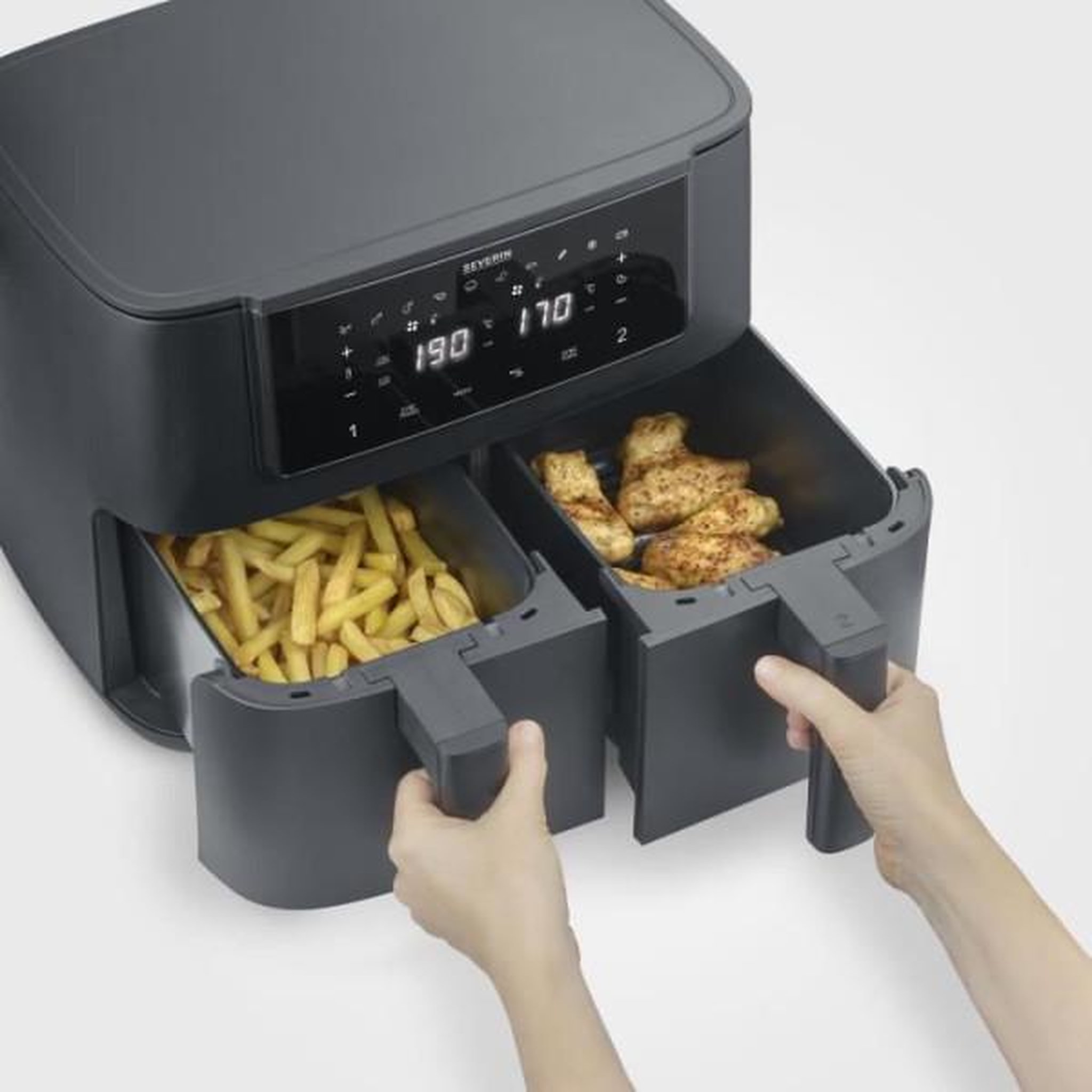 Voir la diapositive 4 : SEVERIN Friteuse Electrique  a air chaud - SEVERIN - Airfryer FR2463 - Capacité 8 L - Double cuve - 10 programmes - 2600 W