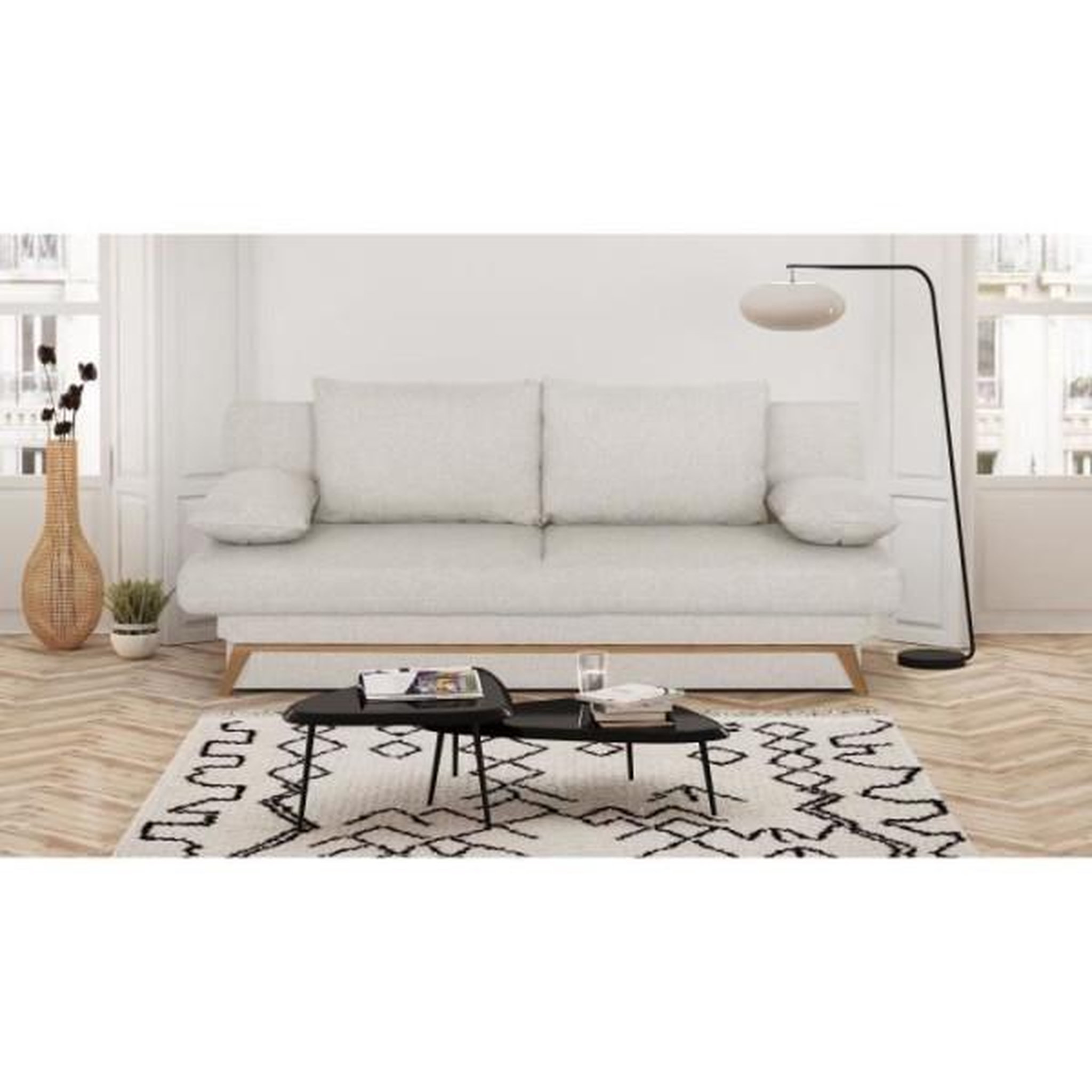 Voir la diapositive 2 : MARKET24 Banquette convertible - 3 places - NAOTO - Tissu beige - Coffre de rangement - 202 x 98 x 98 cm