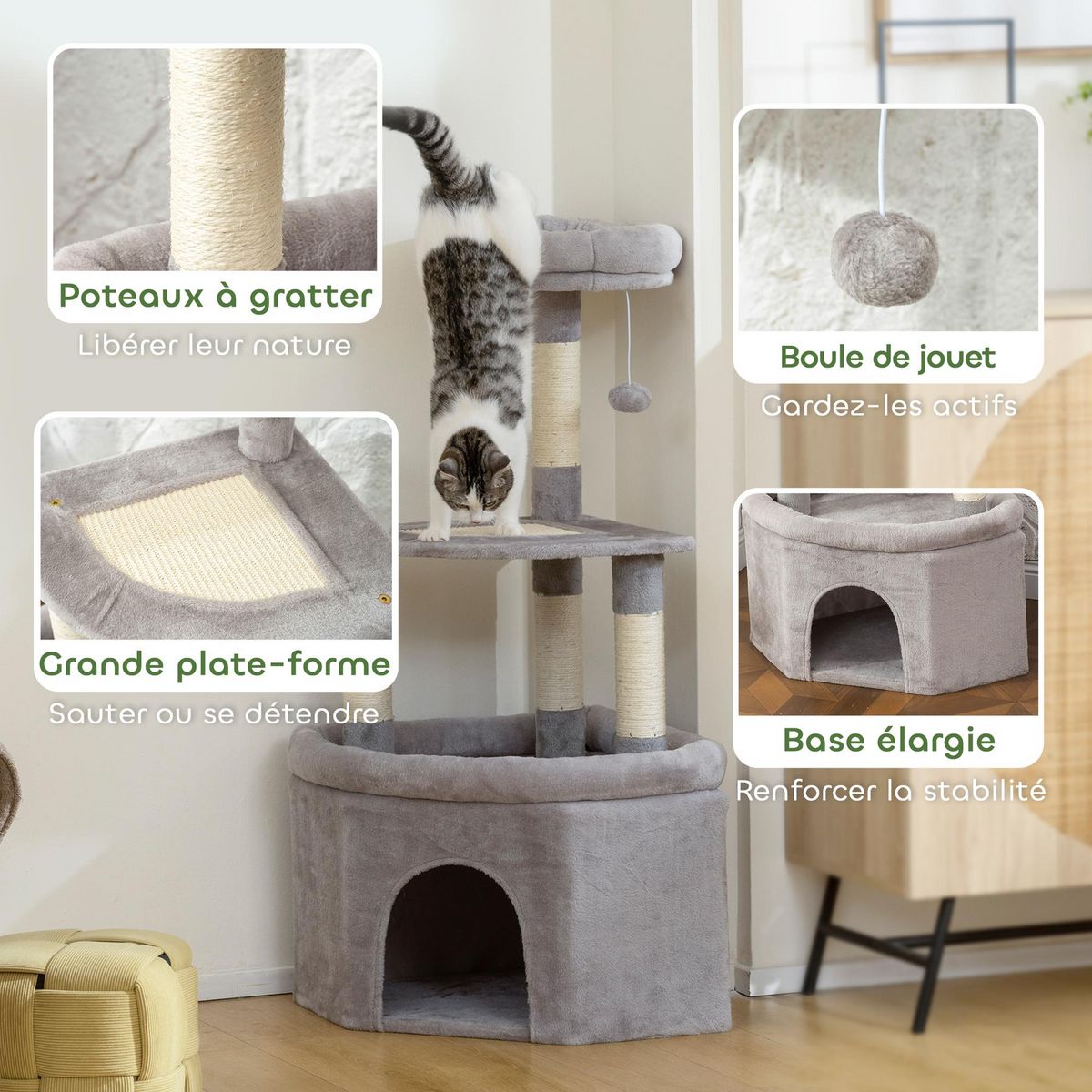 PAWHUT Arbre à chat d'angle H.114cm griffoirs grattoir grande niche plateformes gris