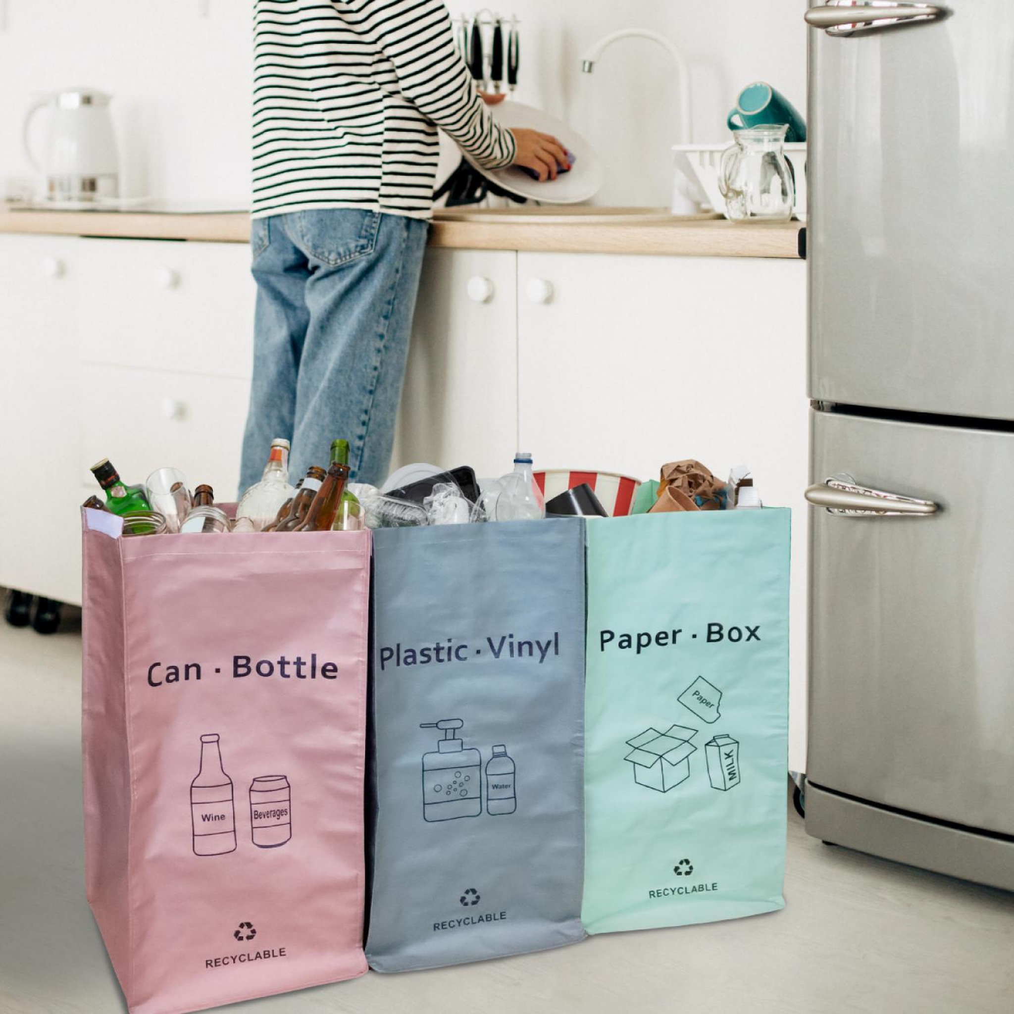 Voir la diapositive 6 : LINXOR Lot de 3 sacs de recyclage réutilisables pour tri sélectif - 160L