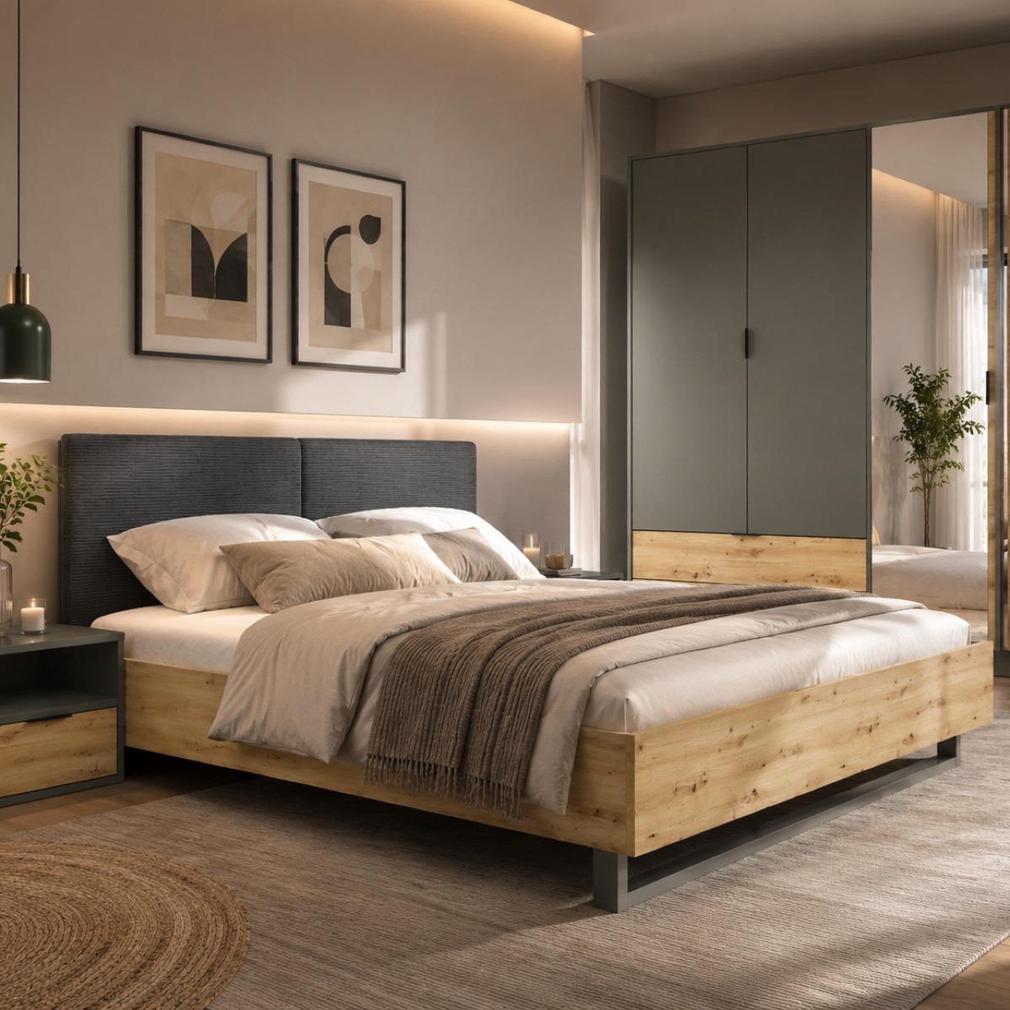 Voir la diapositive 2 : JLC KREATION Lit adulte moderne bois et tissu 160x200cm MURANO