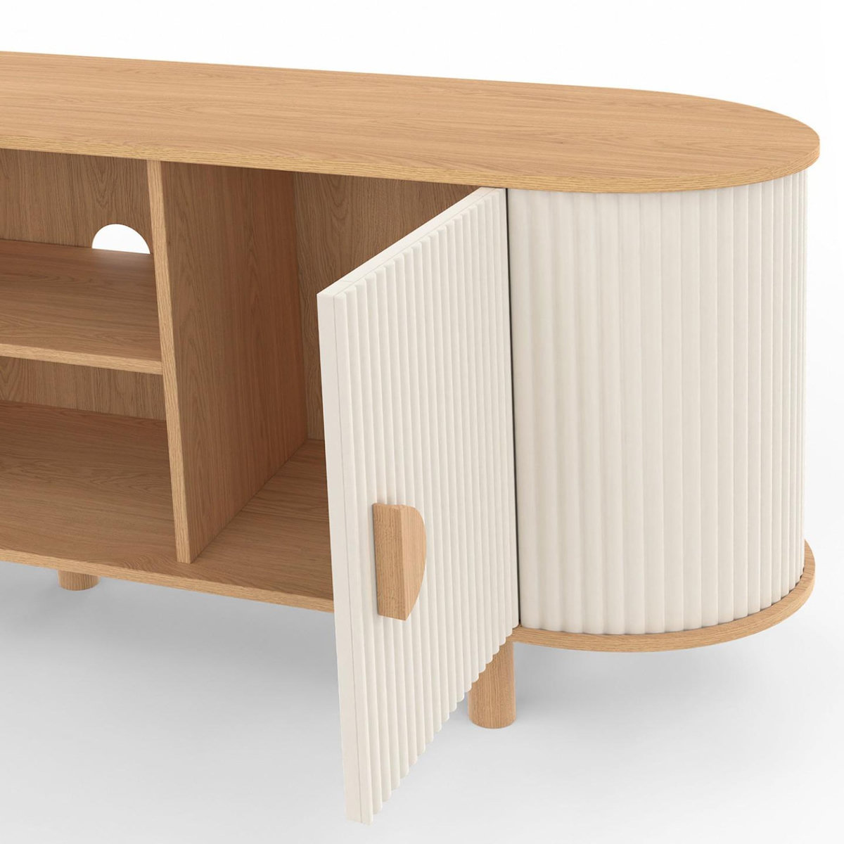 ID MARKET Meuble TV 140 cm KANEL 2 portes effet cannelé beige et bois