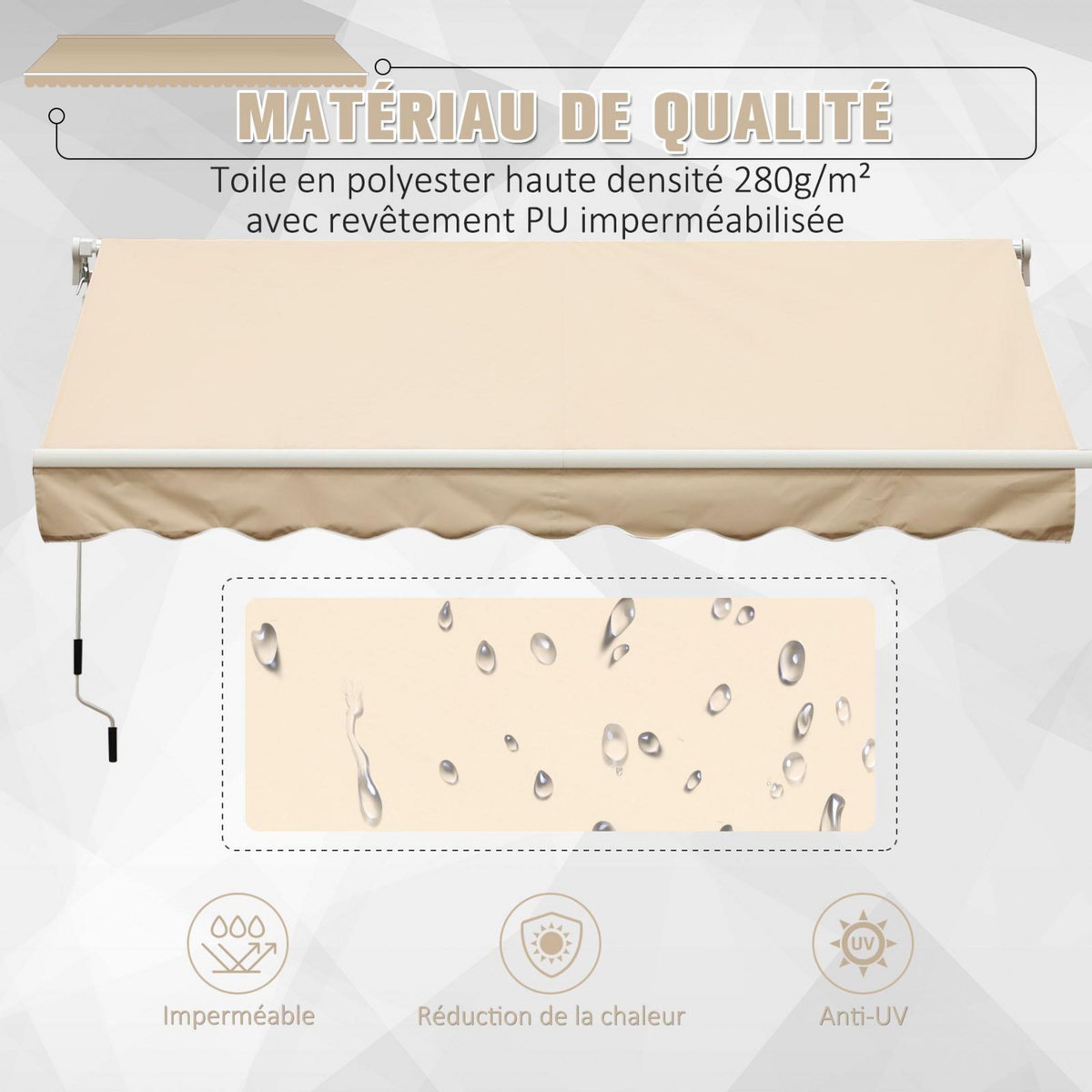 OUTSUNNY Store banne manuel rétractable alu. polyester imperméabilisé haute densité 4 x 2,5 m beige