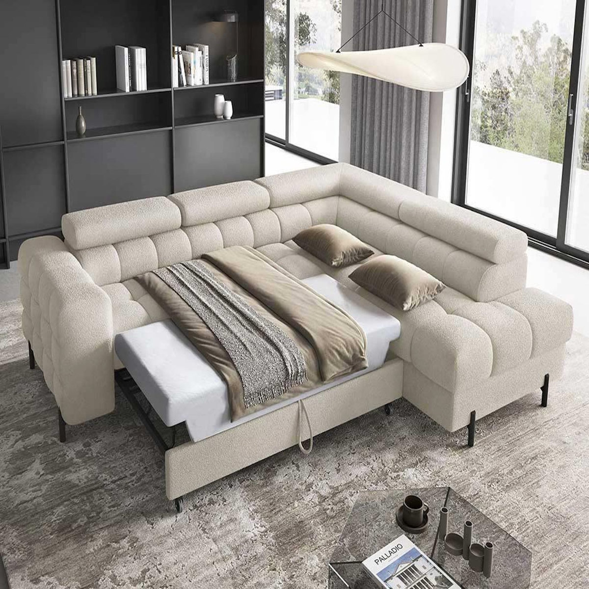 BEST MOBILIER Elisa - canapé d'angle droit 5 places convertible avec coffre et têtières réglables en tissu bouclette
