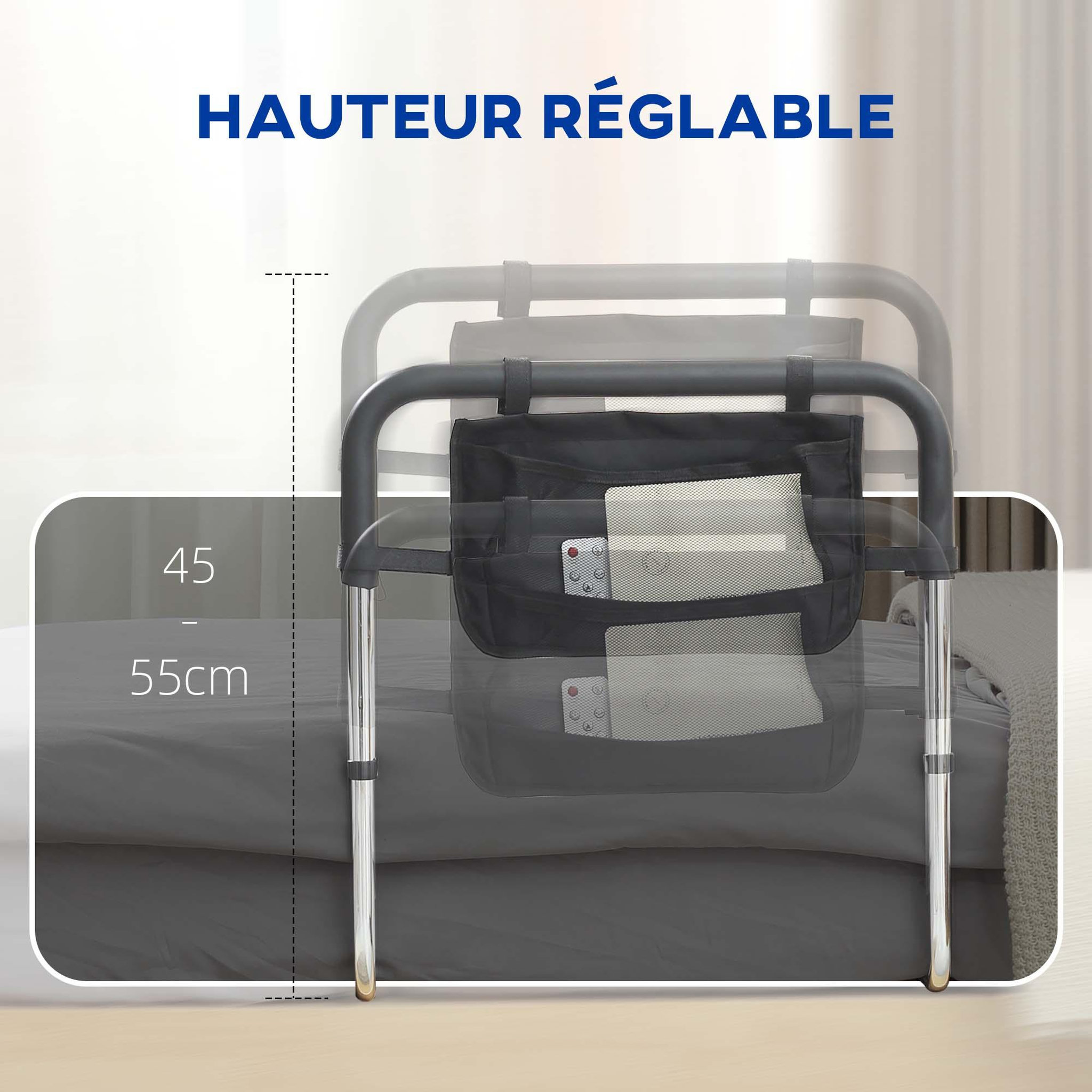 Voir la diapositive 4 : HOMCOM Barre de redressement de lit réglable en hauteur - poignée d'appui pour le lit - barre d'appui de lit avec rangement - acier noir