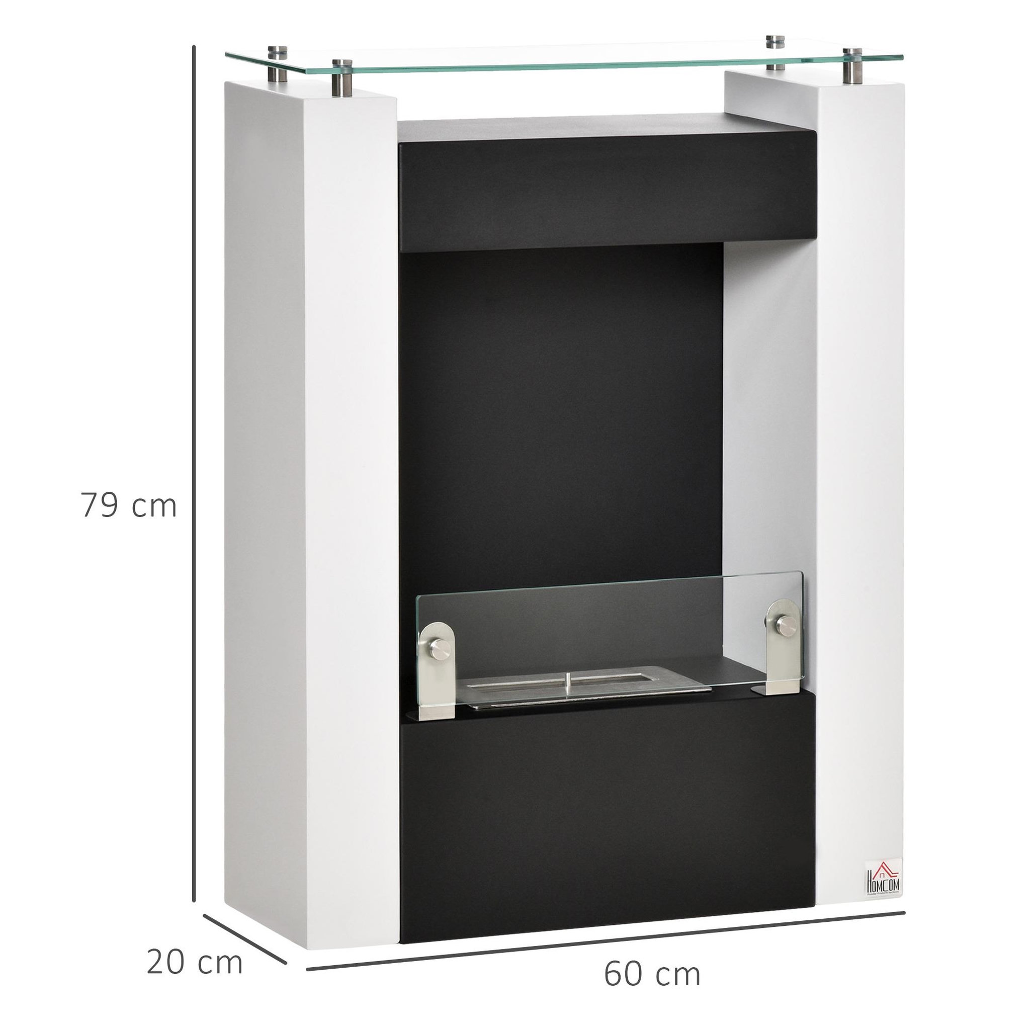 Voir la diapositive 3 : HOMCOM Cheminée bioéthanol design contemporain - étagère, pare-feu verre trempé 6 mm - brûleur 0,9 l - contrôle de flamme et manche inclus - acier noir blanc