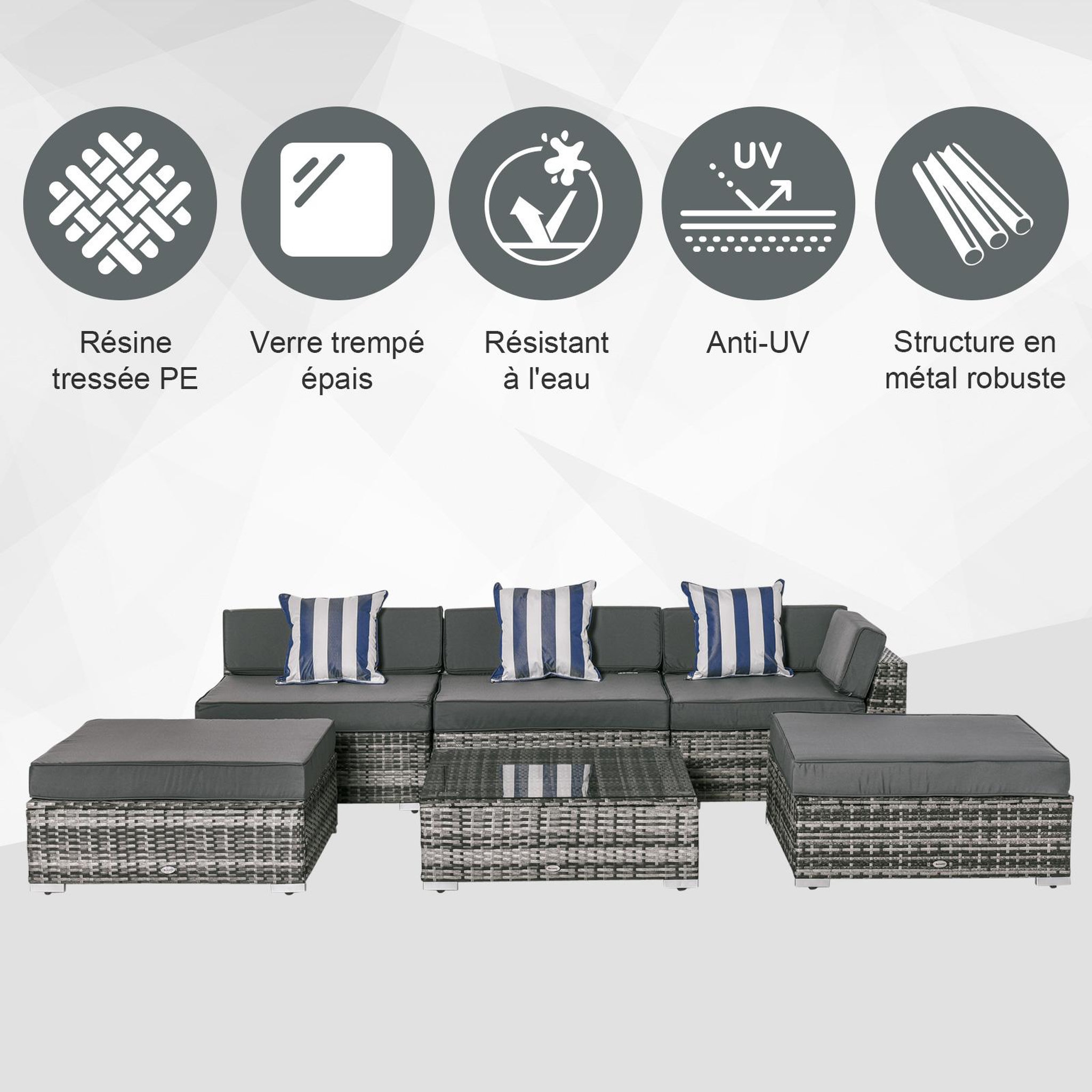 Voir la diapositive 4 : OUTSUNNY Ensemble salon de jardin 5 places 6 pièces modulables plateau verre trempé coussins déhoussables résine tressée imitation rotin gris