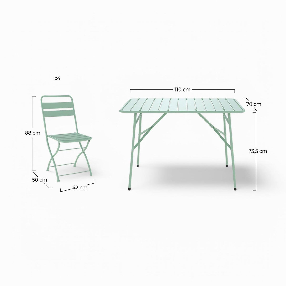 Rendez vous déco Table et chaises de jardin pliantes 4 personnes en métal vert-Yumi
