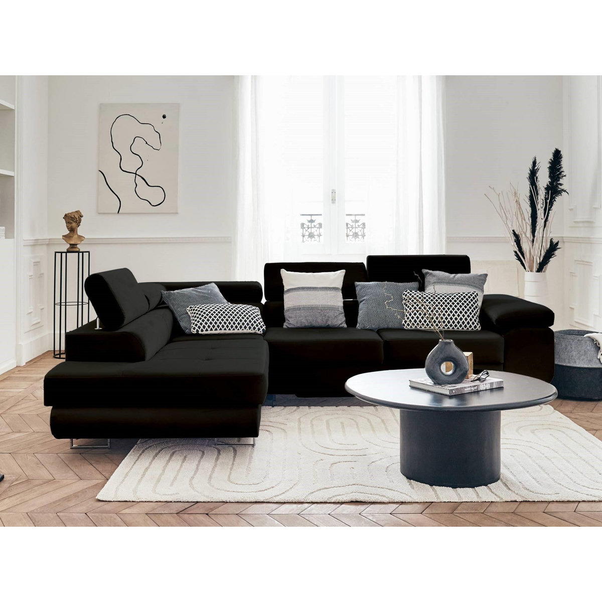 BEST MOBILIER Pablo - canapé d'angle gauche - 5 places - convertible avec coffre et têtières réglables - en velours