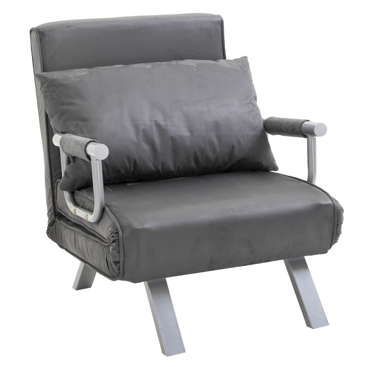 HOMCOM Fauteuil chauffeuse canapé-lit convertible 1 place déhoussable grand confort coussin pieds accoudoirs métal suède gris
