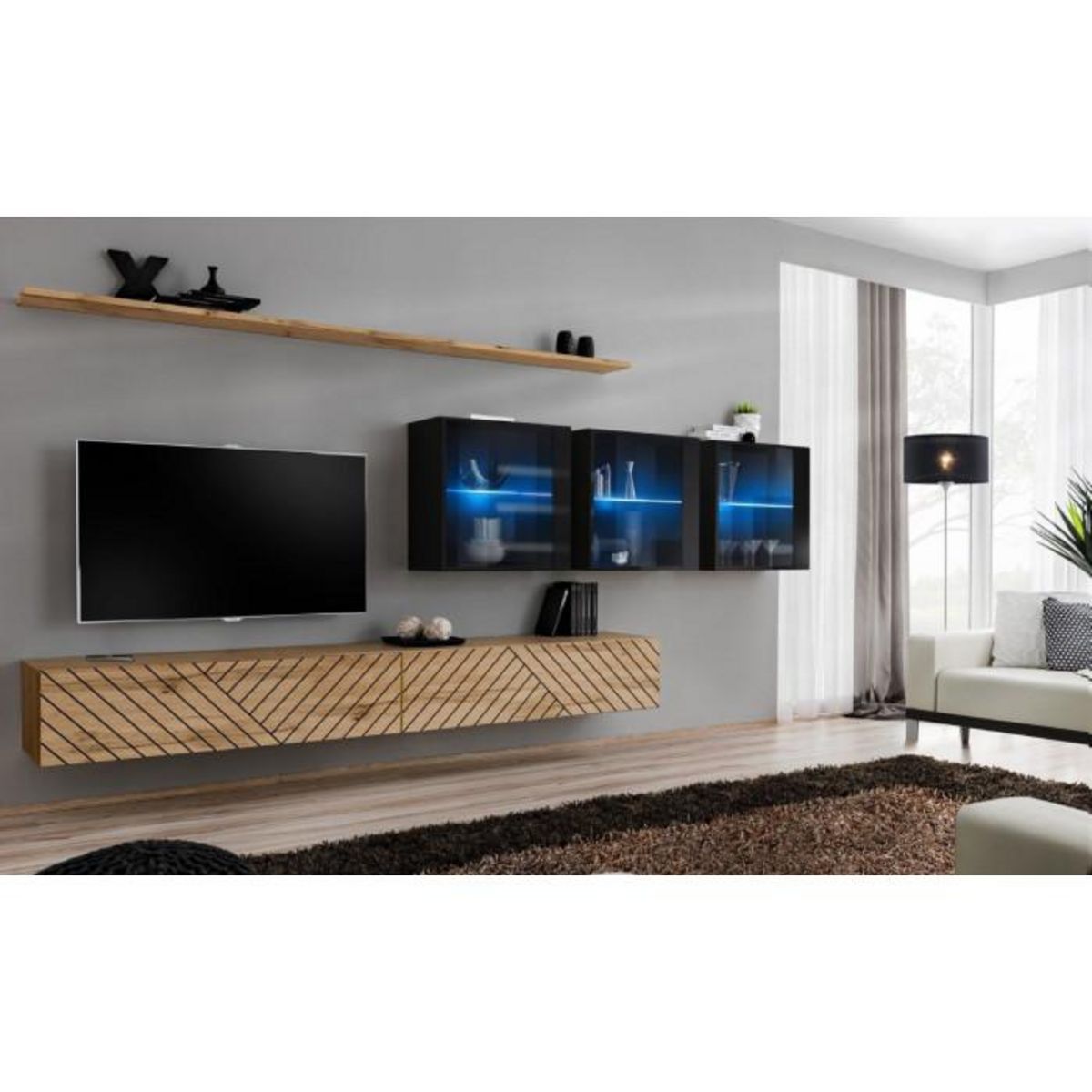 Paris Prix Ensemble Meuble TV  Switch Lamel XVII  340cm Naturel & Noir