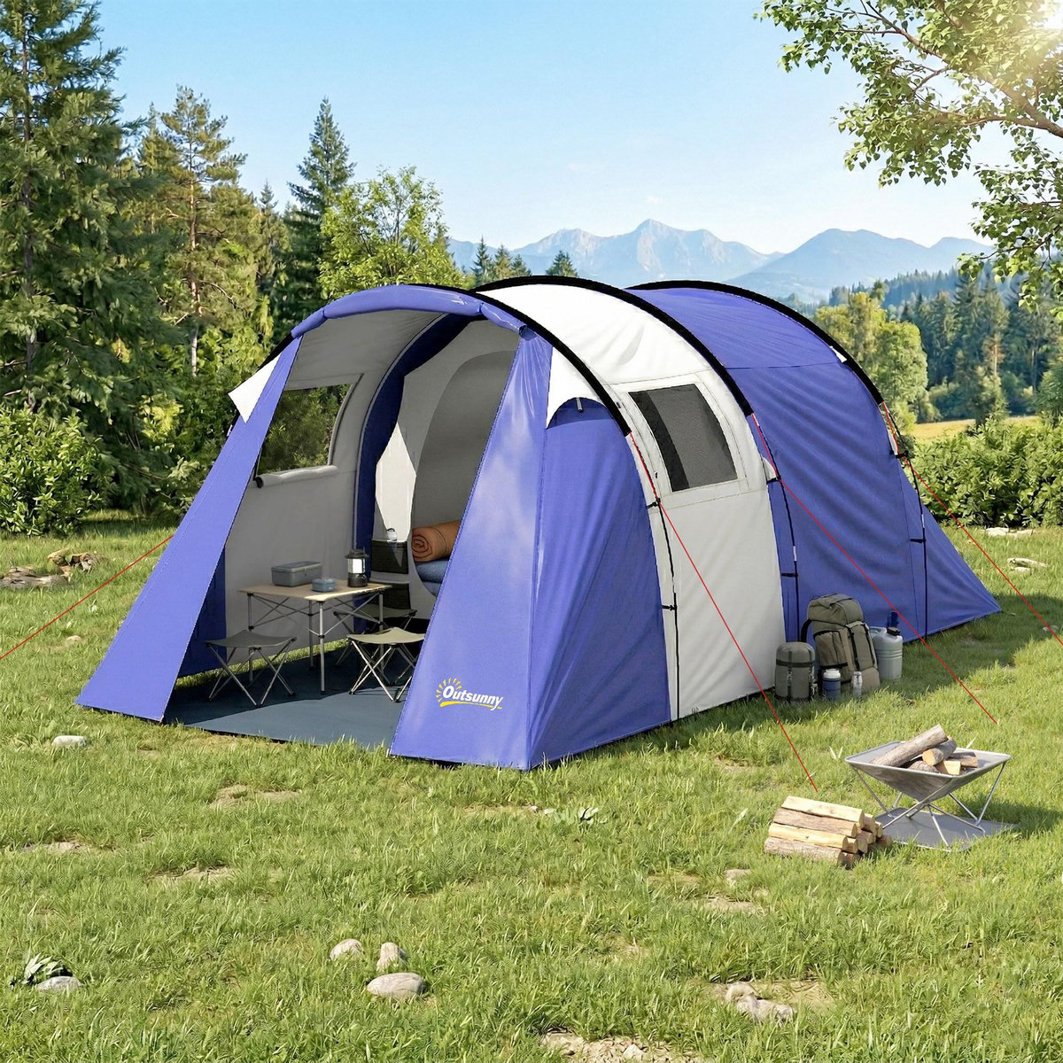 OUTSUNNY Tente de camping 4 pers. chambre + séjour imperméable 3000mm - 4,20x3x2m - bleu