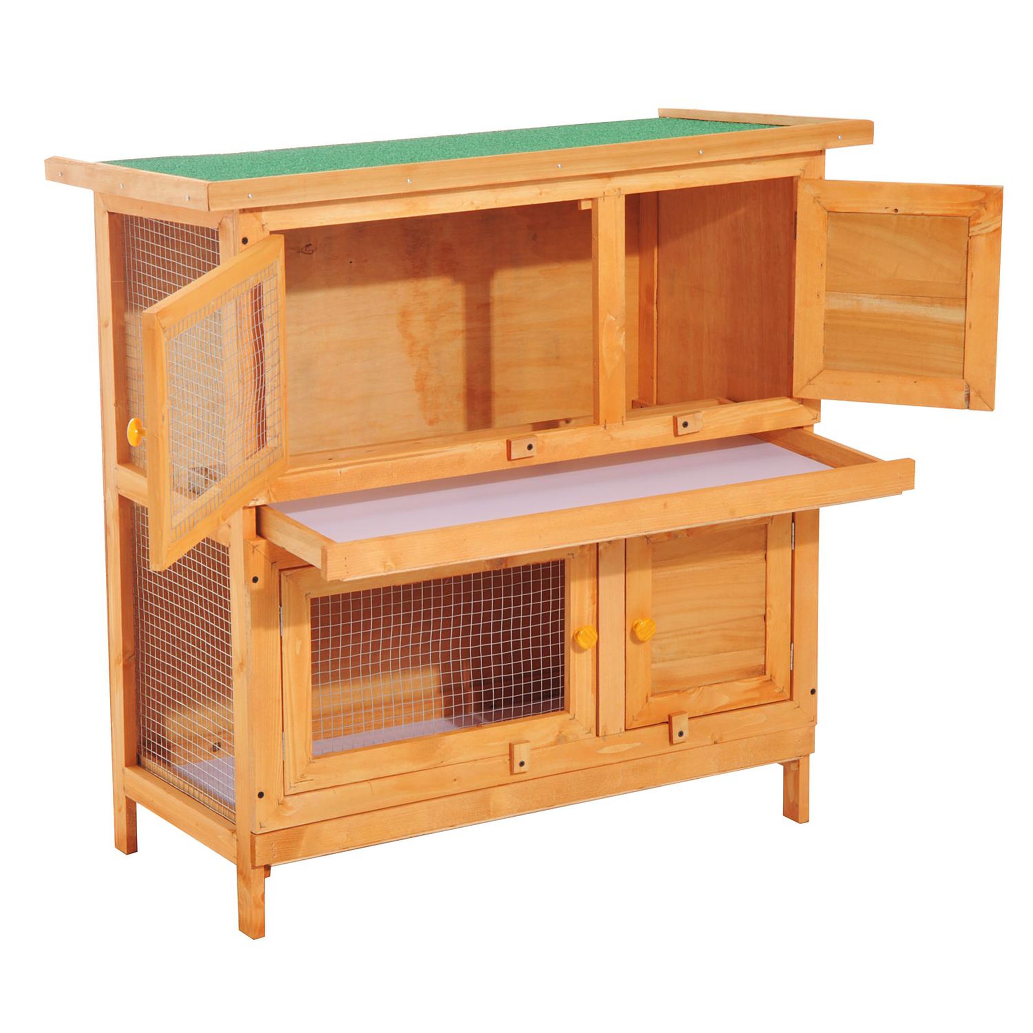 Voir la diapositive 4 : PAWHUT Clapier à lapin cage à lapin double niveau plateaux coulissants 4 portes verrouillables toit ouvrant 90l x 45l x 90h cm