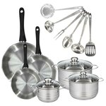 Fackelmann Set 3 poêles 20 24 28 cm, 3 faitouts 16, 20 et 24 cm en inox et 6 ustensiles inox Fackelmann Geneva