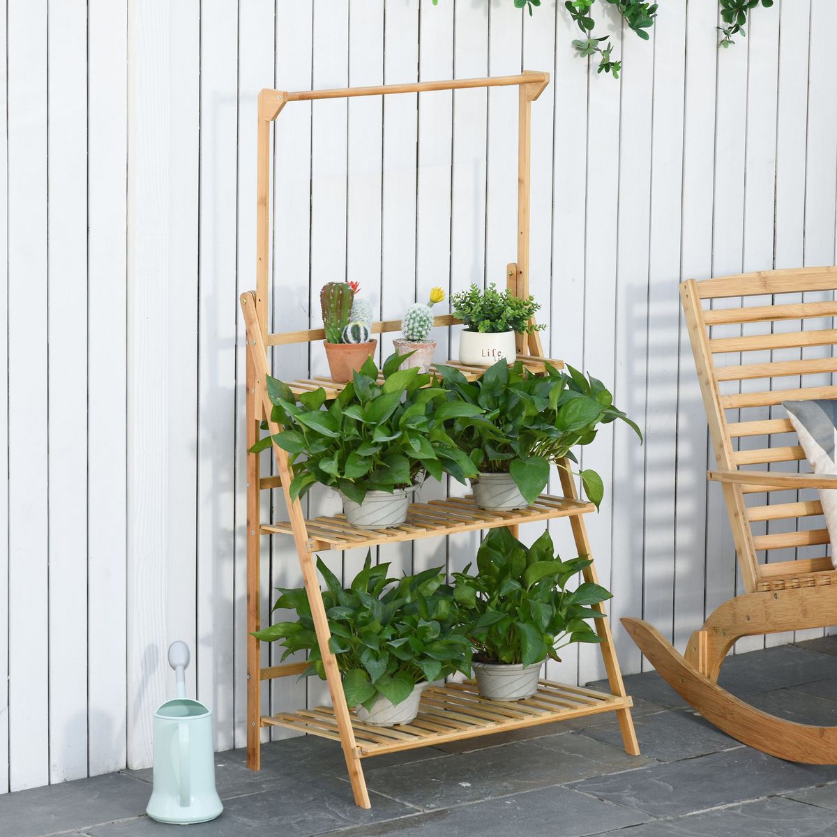 OUTSUNNY Étagère échelle à fleurs en bois de bambou - porte plante bois 3 étagères + barre support pour pots suspendus