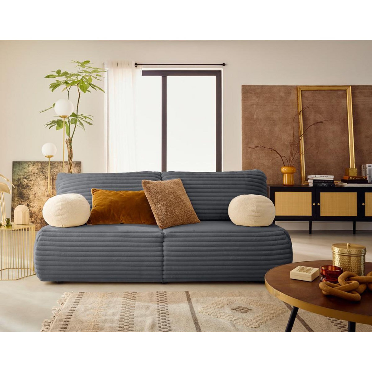 BEST MOBILIER Marvin - canapé 3 places convertible et coffre en fausse fourrure côtelée avec 2 coussins boule inclus