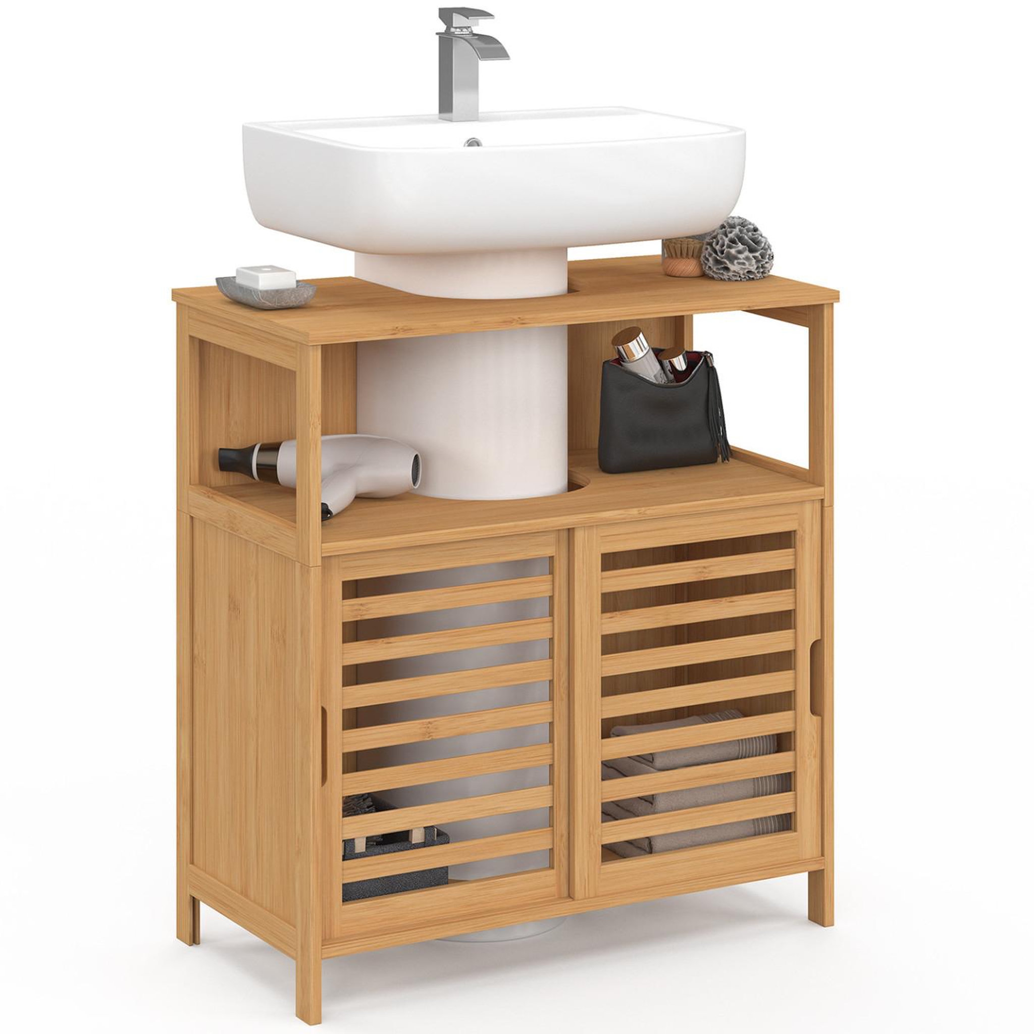 ID MARKET Meuble sous lavabo salle de bain bambou bea avec portes coulissantes