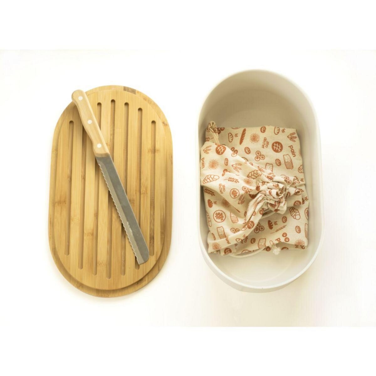 PEBBLY Boîte à pain 4 en 1 creme 36x20x13 cm avec couteau