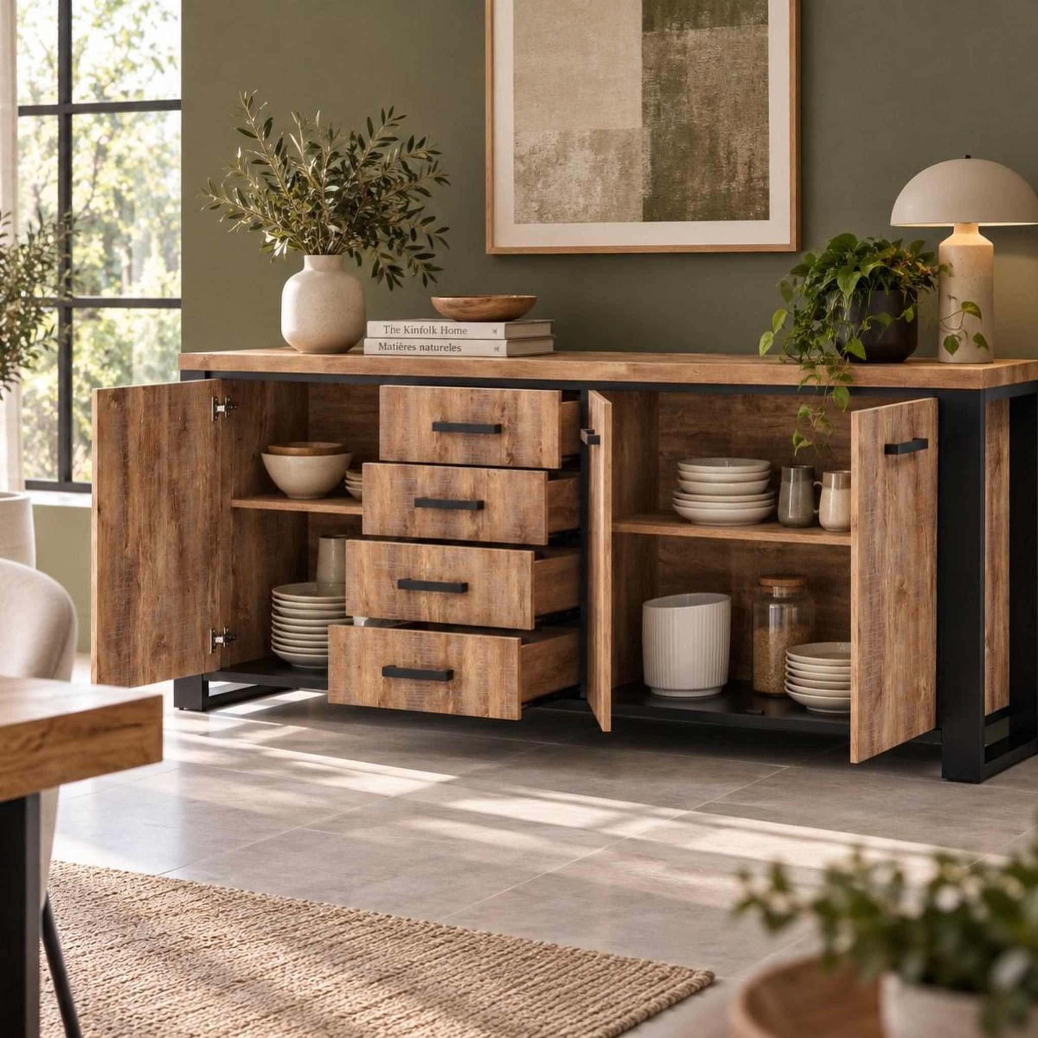 Voir la diapositive 3 : JLC KREATION Buffet bas 3 portes et tiroirs coloris bois naturel eleonore