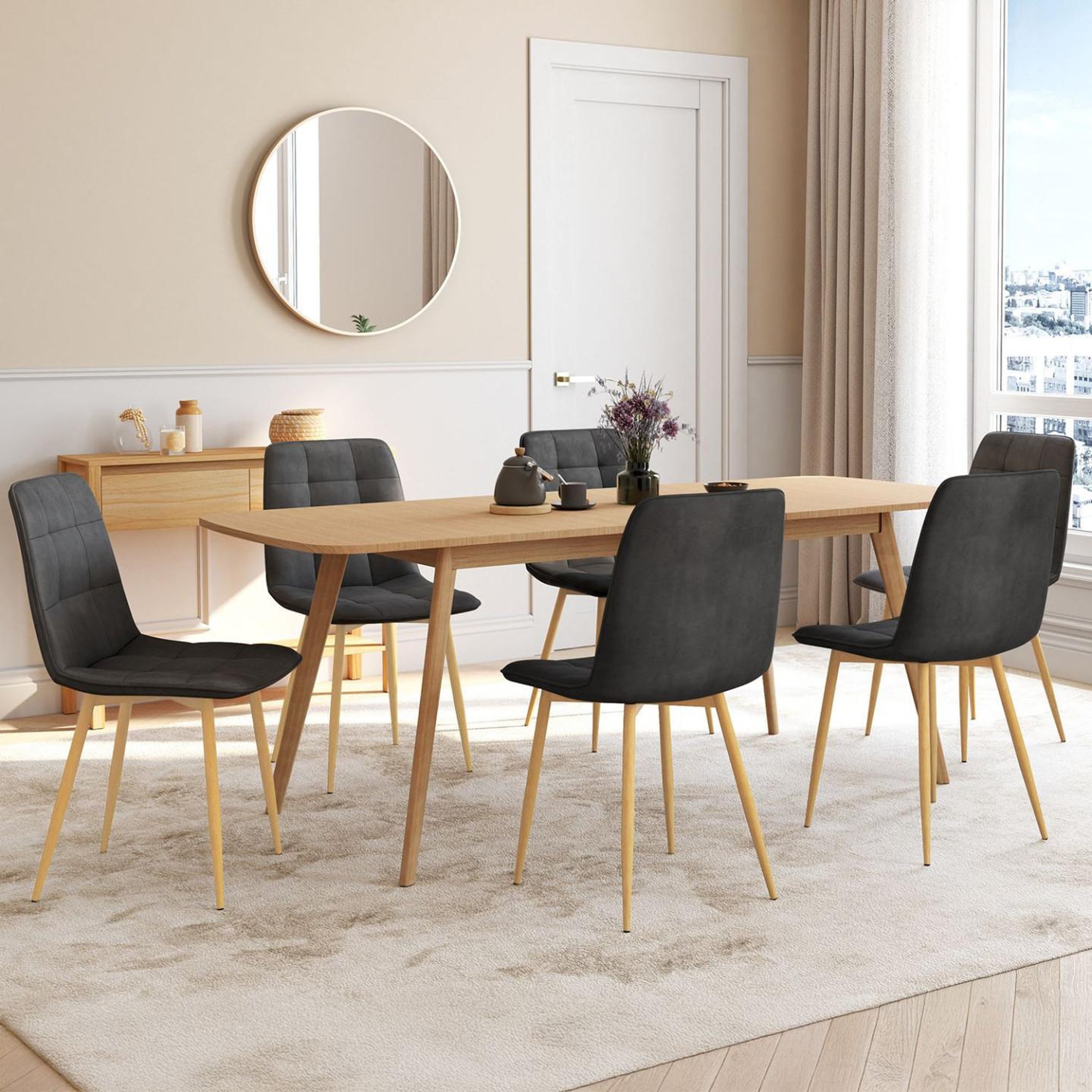 Voir la diapositive 2 : ID MARKET Lot de 6 chaises mila en velours gris foncé pied effet bois pour salle à manger