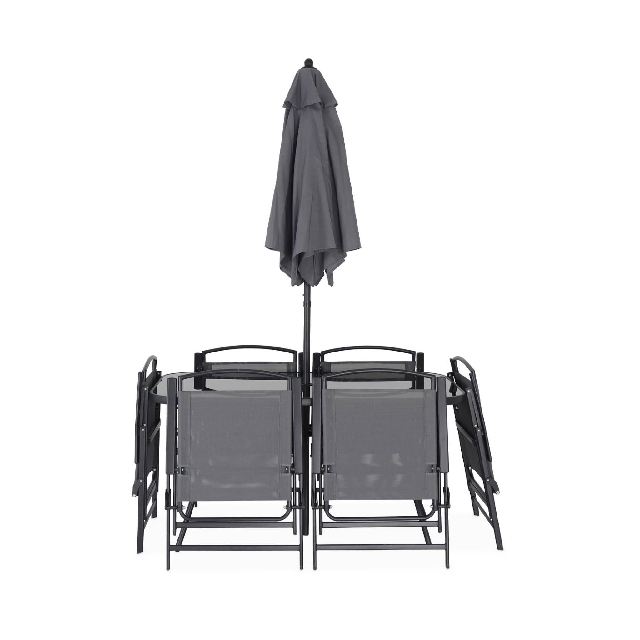 Voir la diapositive 5 : SWEEEK Table de jardin acier avec parasol + 6 assises. anthracite. structure acier avec revêtement anti rouille