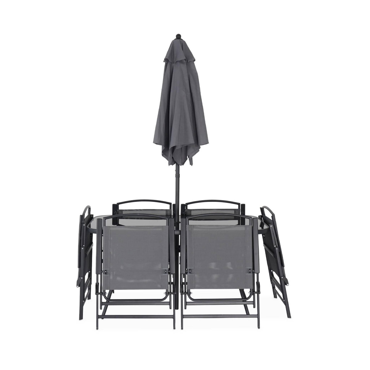 SWEEEK Table de jardin acier avec parasol + 6 assises. anthracite. structure acier avec revêtement anti rouille