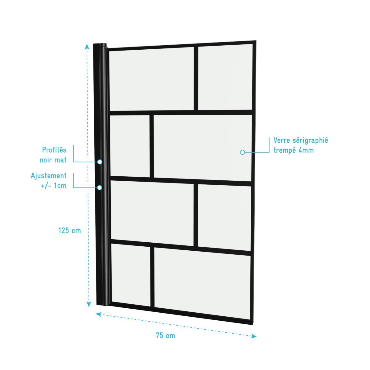 Pare baignoire pivotant noir type industriel 75x125 cm - BRICKS