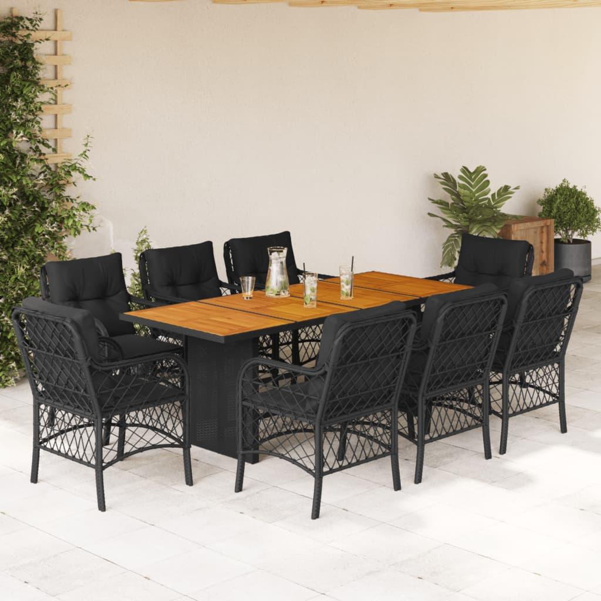 VIDAXL Ensemble a manger de jardin 9pcs coussins noir resine tressee