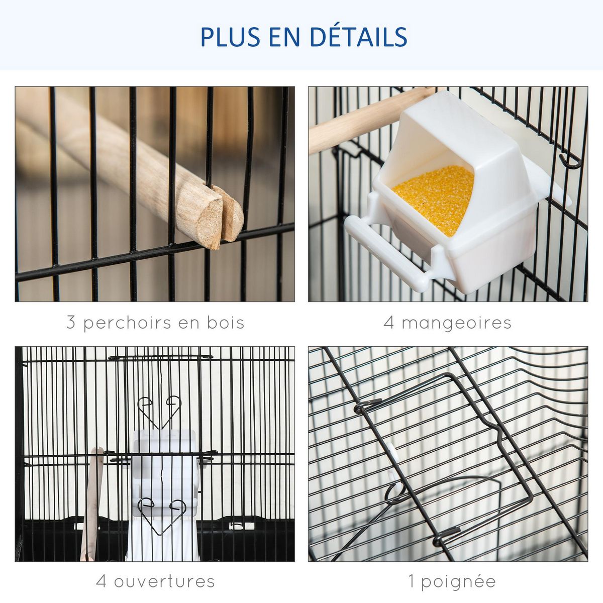 PAWHUT Cage à oiseaux volière avec mangeoires perchoirs plateau amovible dim. 46,5L x 35,5l x 92H cm métal PS noir